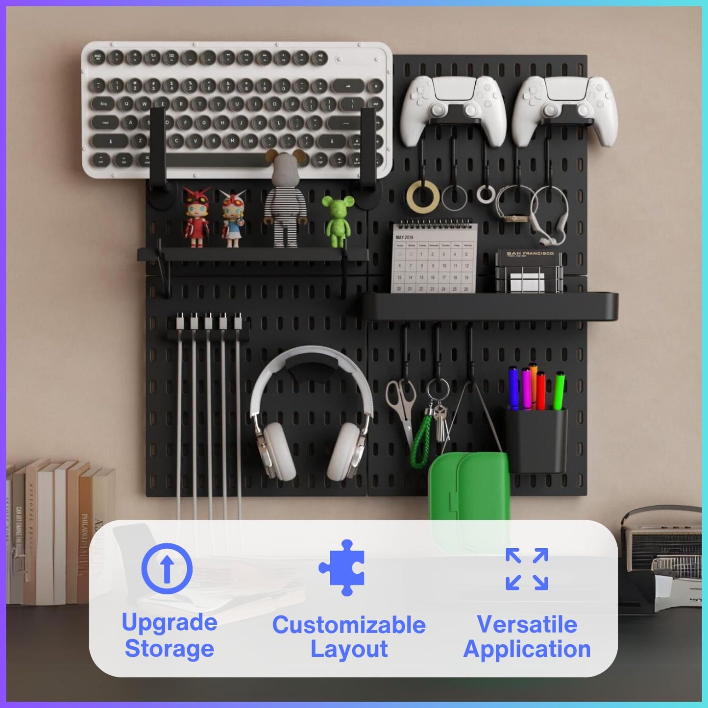 Keepo Pegboard Combination Kit, Pegboards and Accessories Modular Hanging for Gaming Setup, Gaming Station Peg Board, Gaming Organizer, Wall Game Controller Holder, Headset Stand, (Black, 22″×22″)