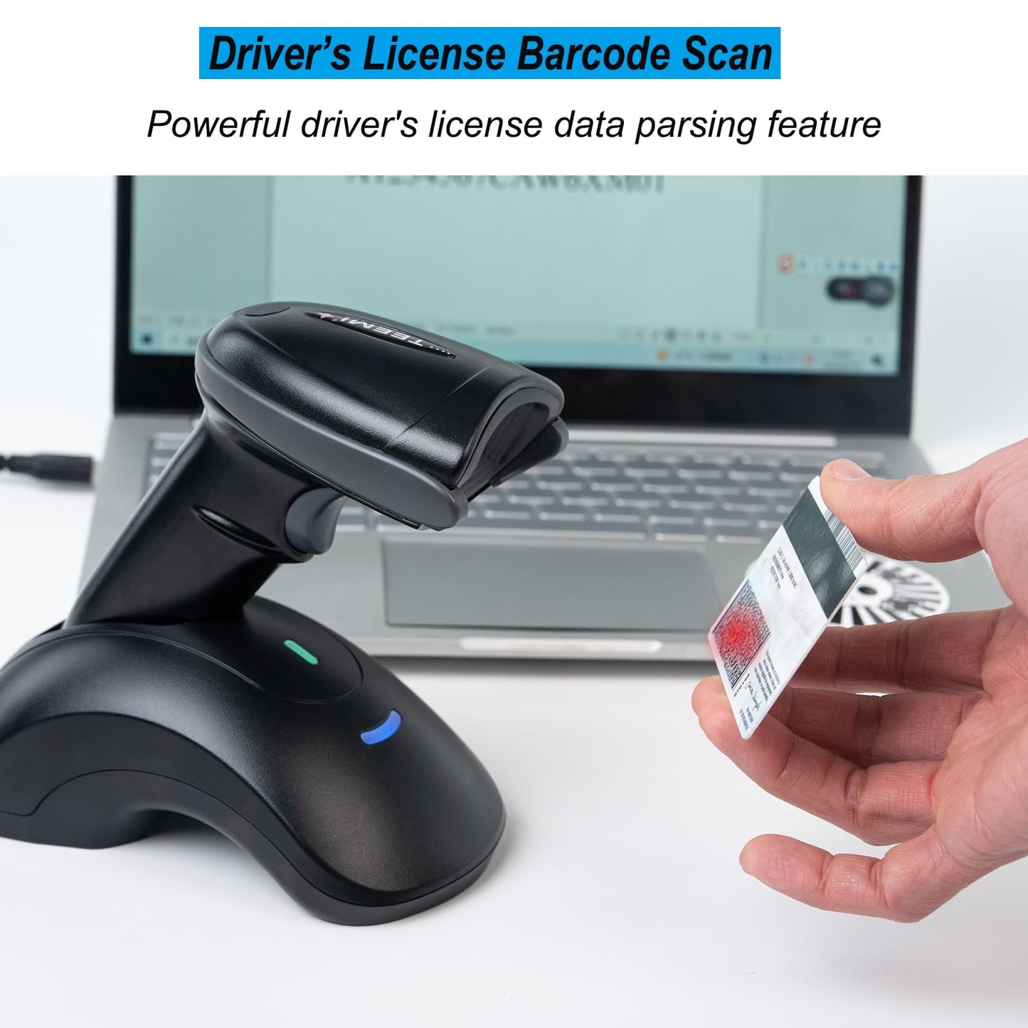 TEEMI Bluetooth Barcode Scanner with USB Charging Cradle Data Receiver, 1D 2D QR Wireless Bar Code Reader for iOS Android Windows Mac OS, BT 5.0 Longer Range, Automatic Handsfree Screen Scanning