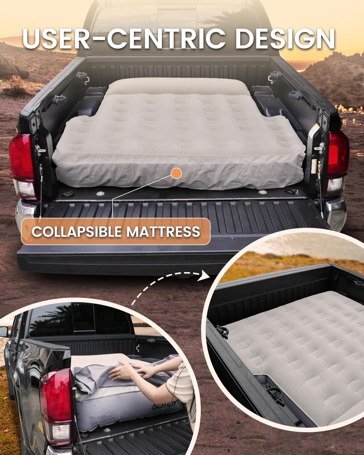 GOTIDY Short Truck Bed Air Mattress 5-5.5ft for Mid-Size Pickup with Tailgate Extension, Truck Bed Mattress for Tacoma Jeep Gladiator JT,Wired Air Pump, Oversized Carry Bag, Integrated Pillow