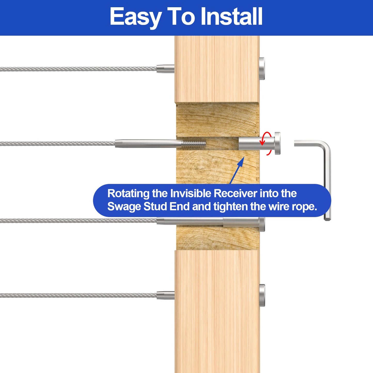 CKE 50 Pack Invisible Cable Railing Kit 1/8" Cable Railing Tensioner Invisible Receiver and Swage Stud End for Cable Railing Hardware, T316 Swage Tensioner and Terminal Hidden for 2x2 Wood/Metal Post