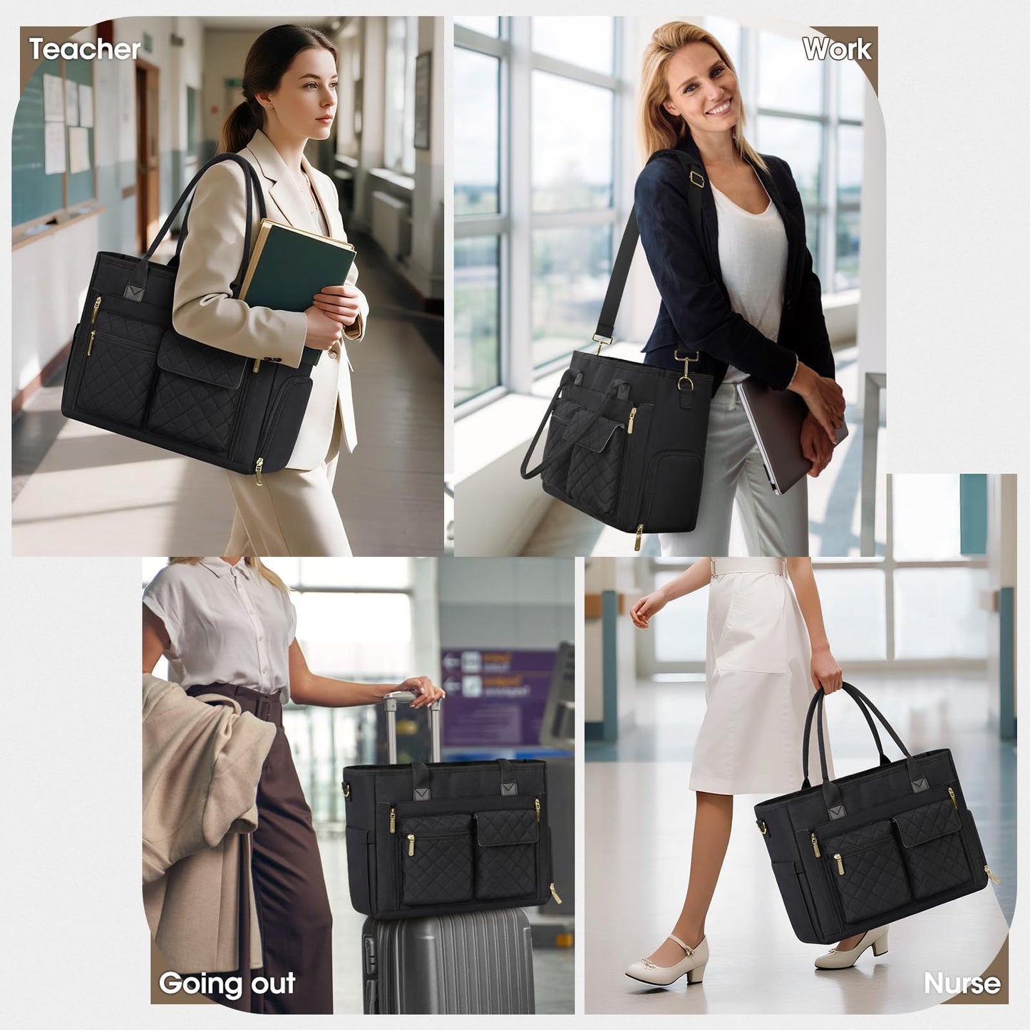 RAINSMORE Teacher Tote Bag with Insulated Lunch Compartment 15.6 inch Laptop Bag for Women Lightweight Work Bags Nurse Bags Professional Briefcase Computer Handbag for Office, College, Nursing, Black
