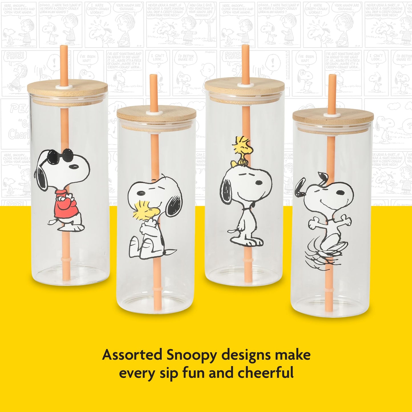 Peanuts Snoopy Happy Sips 4 Piece 23 OZ Tumbler Set with 4 Bamboo Lids and 4 Straws Set, Iced Coffee, Smoothie, Water Cup - Dishwasher Safe