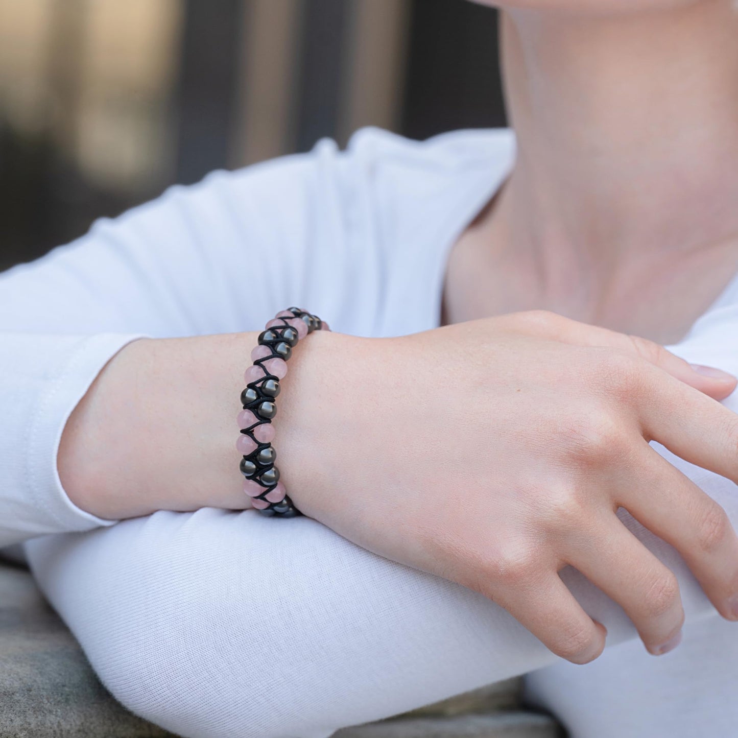 MagnetRX® Hematite & Rose Quartz Bracelet – MAX Strength Magnetic Hematite Bracelets – Natural Rose Quartz Crystals Pink Beaded Bracelets for Women