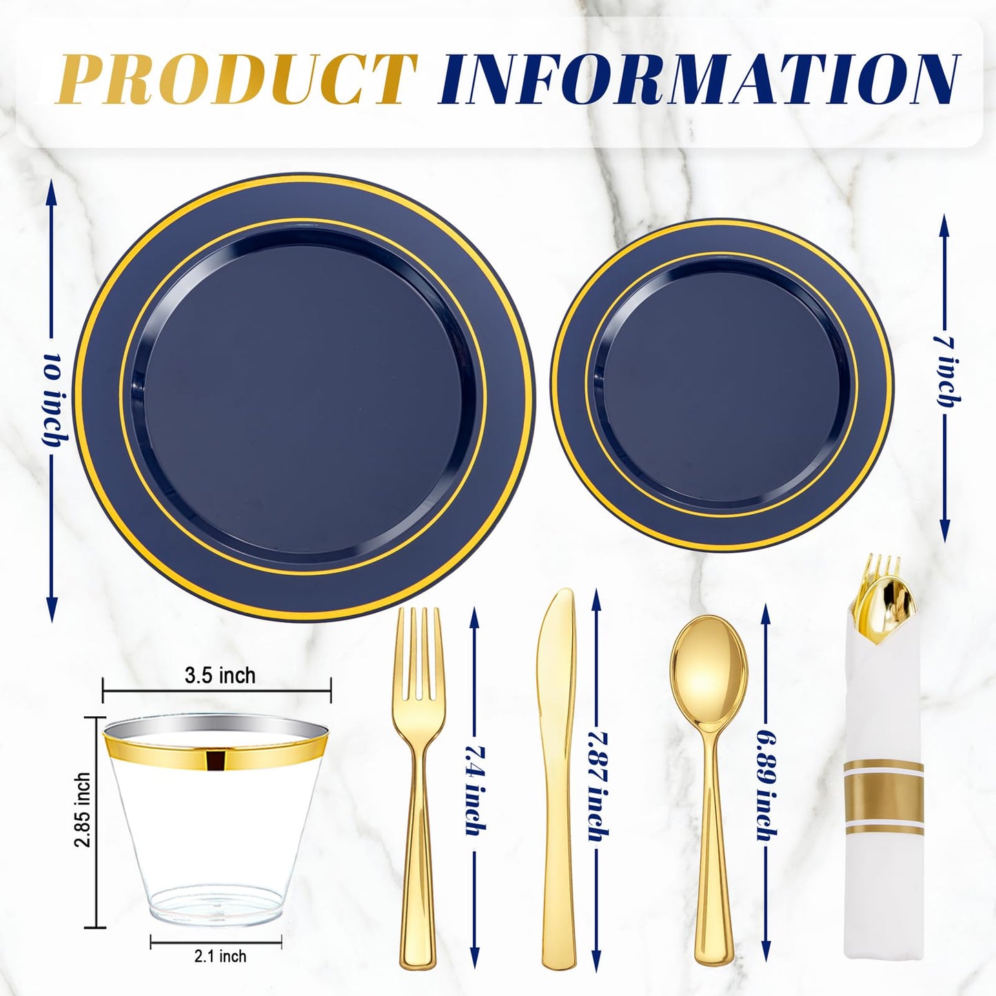WDF Partyware 175PCS Blue and Gold Plastic Plates - Navy Blue Plates with Pre Rolled Napkins for Party - 25Guest Disposable Dinnerware Sets for Party/Birthday/Wedding/Graduation/4th of July