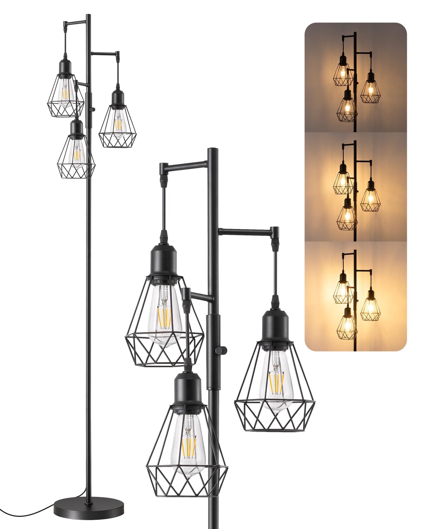 EDISHINE 70IN Farmhouse Floor Lamps for Living Room, Dimmable Industrial Tall Standing Lamps 3 LED Edison Bulbs Included, Diamond-Shaped Cage, Rustic Tree Corner Light for Bedroom, Office, Black