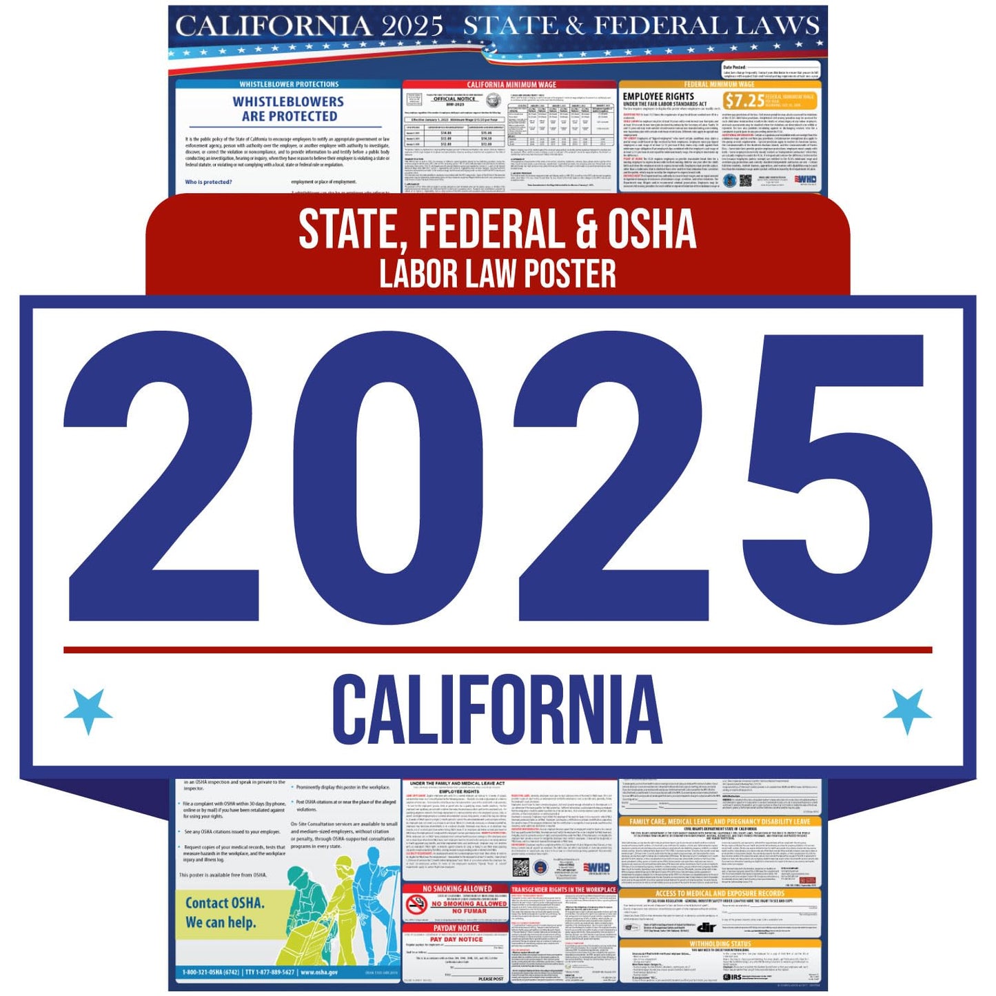 2025 California State and Federal Labor Law Poster - English Version- OSHA Workplace Compliant - Mandatory Regulations Posting for Employees - All-In-One Required Compliance Posting 16" x 40" Laminated (English)