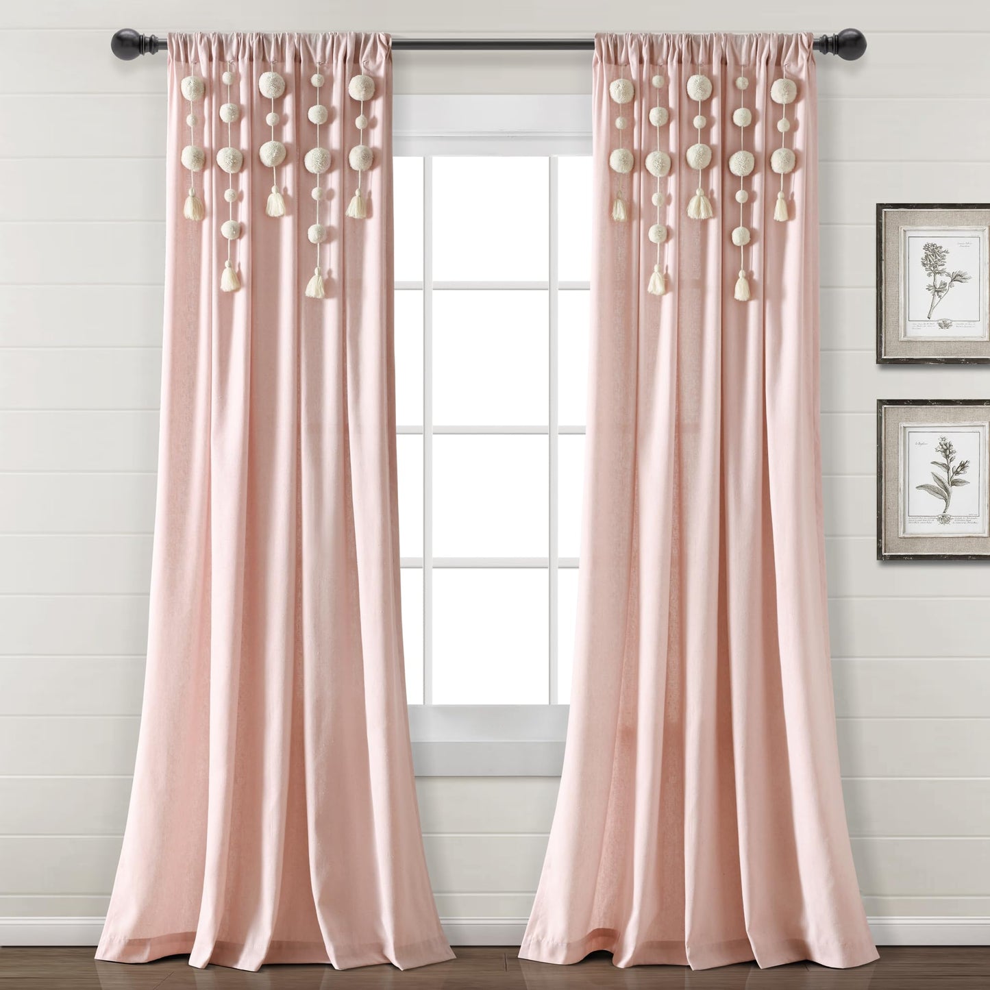 Lush Decor Boho Pom Pom Tassel Linen Textured Window Curtain Panel, Single 52" W x 84" L Blush -