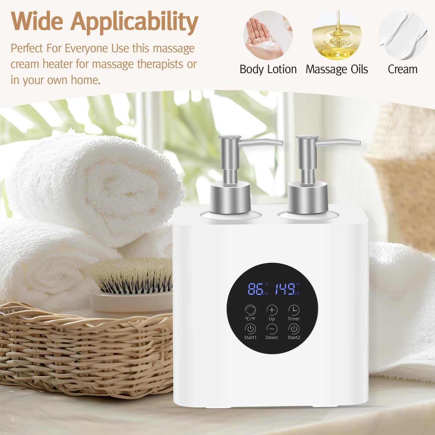 Meifuly Massage Oil Lotion Warmer Double Bottles for SPA Massage Therapy & Personal Use, Fast Oil Cream Lotion Warmer Heats Up, with 4 Oil Bottles Dispenser, Adjustable Constant Temperature