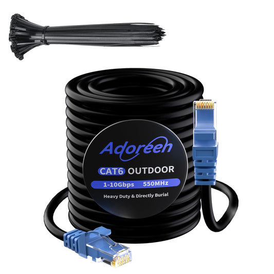 Adoreen Cat 6 Outdoor Ethernet Cable 300 Ft Black, High Speed Heavy Duty Long Internet Network Cable for POE Camera Cat 5 5e RJ45 LAN Patch Cable Cord, Sturdy Waterproof Direct Burial+25 Ties