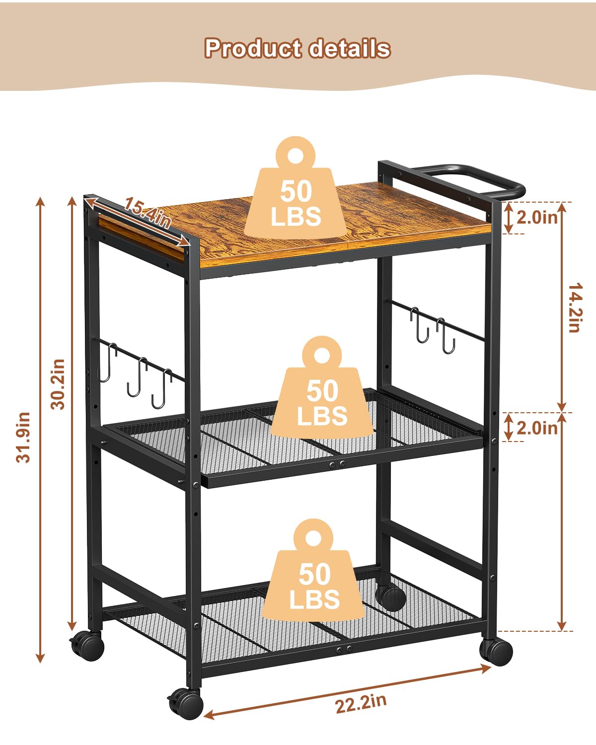 3-Tier Microwave Cart with Adjustable Shelves, Rolling Kitchen Cart with Push Handle & Smooth Slider Shelf, Small Utility Stand with Storage for Small Space Kitchen, Waterproof & Hardwood Floor Safe
