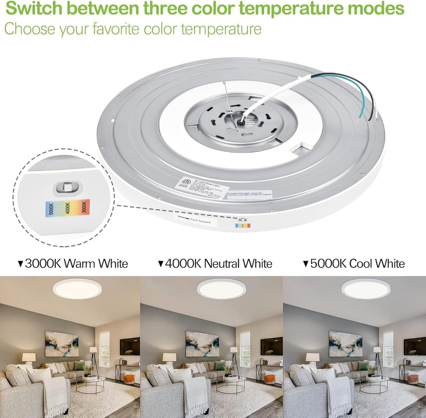 hykolity 18 Inch LED Round Flat Panel Light, White, 32W, 3200lm, 3000K/4000K/5000K CCT Selectable, 120°Beam Angle, Dimmable Edge-Lit Flush Mount Ceiling Light Fixture - ETL Listed