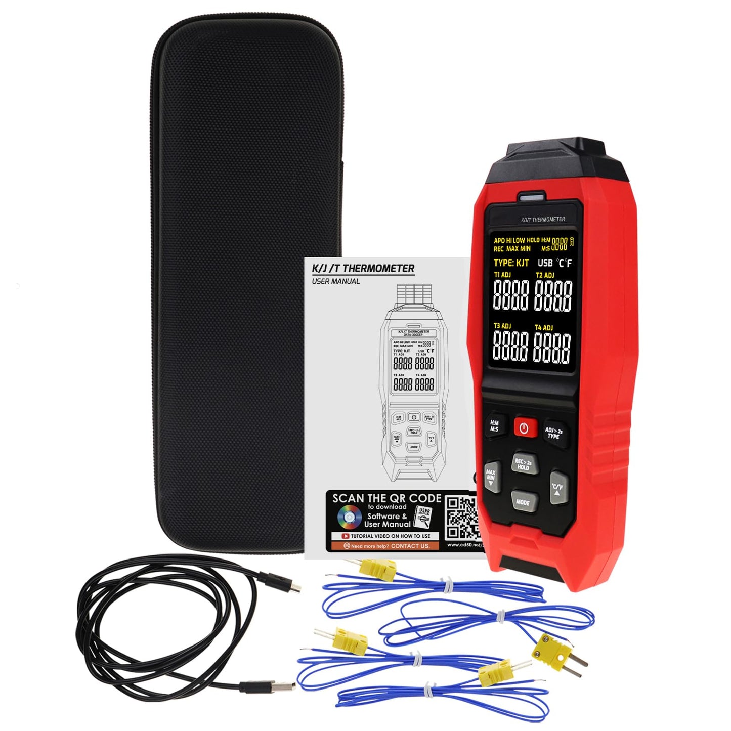 4-Channel Thermocouple Thermometer DataLogger, Digital K/J/T Type Thermometer with 5000 Groups Programmable Temperature Data Logging in Range of -328~2501℉, 4 K-Type thermocouples, ADJ Compensation
