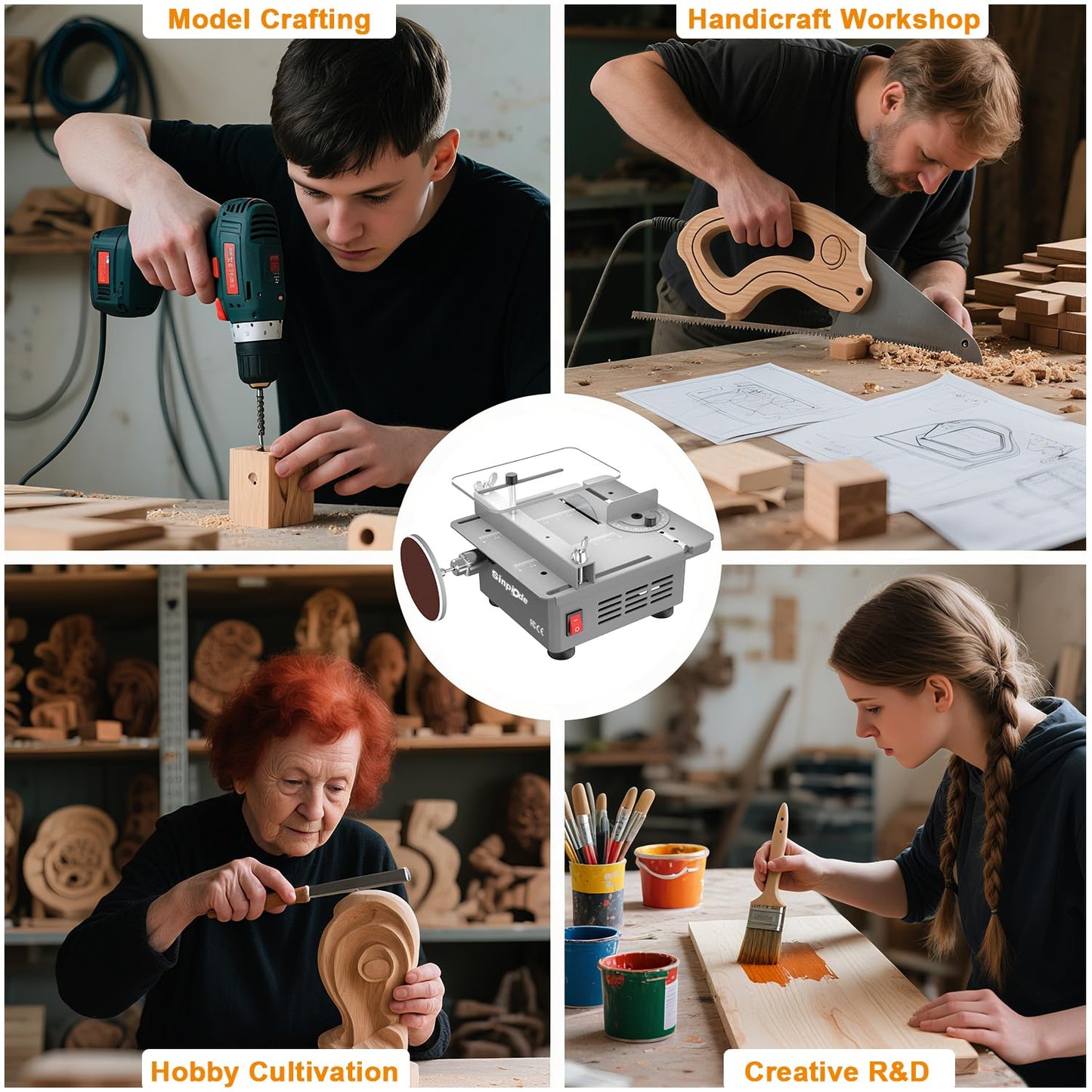 Mini Table Saw, Sinpiode Multi-Functional Desktop Portable Table Saw for Crafts with Adjustable Speed & Angle, All-in-One Cutting, Sanding, Engraving & Drilling Tool for Wood, Acrylic, Plastic, PCB