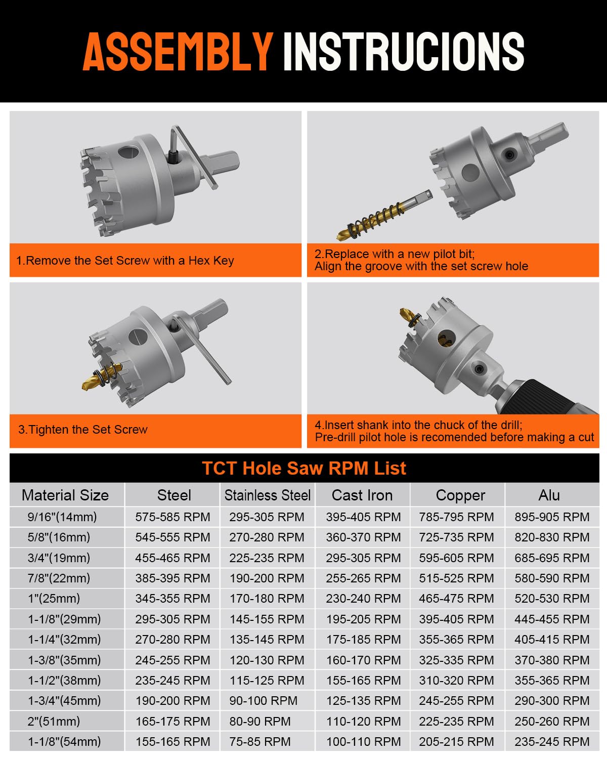 Kolvoii 14 PCS TCT Hole Saw Kit for Hard Metal, 9/16"-2-1/8" Inch Tungsten Carbide Tipped Hole Saw Drill Bit Hole Cutter Set with 1 Aluminum Box 2 Extra Pilot Drill Bits and 2 Wrench
