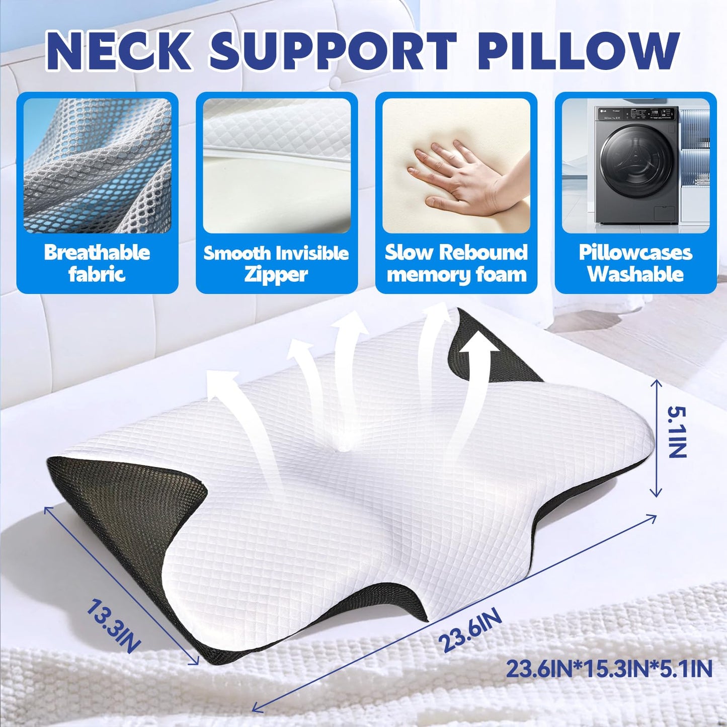 Keaolotay Cervical Neck Pillow, Contour Memory Foam Orthopedic Pillow, Double-Sided Neck Support Pillow for Neck Pain Relief, with Pillowcase for Back Side Stomach Sleepers(Black)