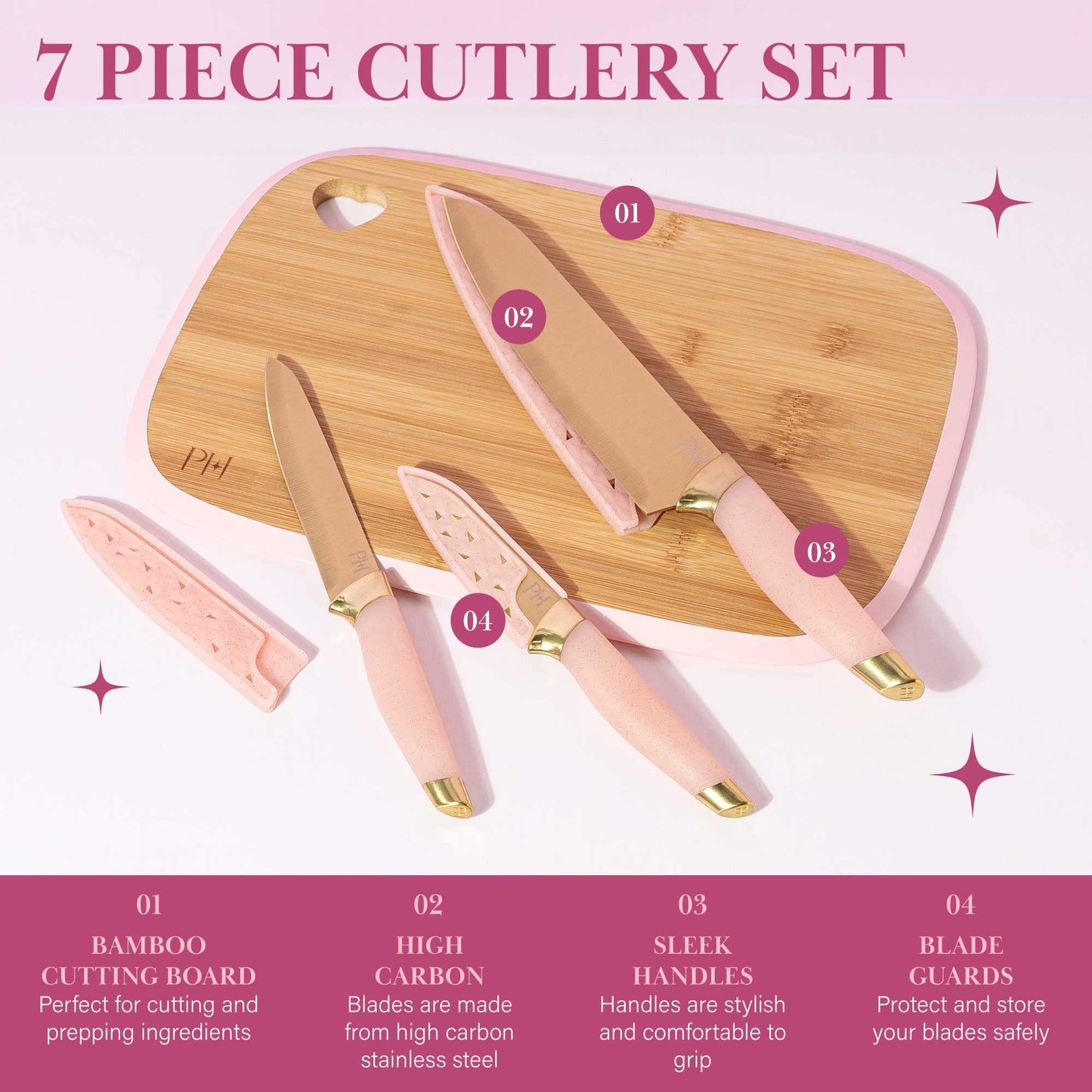 Paris Hilton Bamboo Cutting Board for Kitchen, Reversible Cutting Board and Cutlery Set with High Carbon Stainless Steel Knives and Blade Guards, Comfortable Handle Grips, 7-Piece Set, Gold and Pink