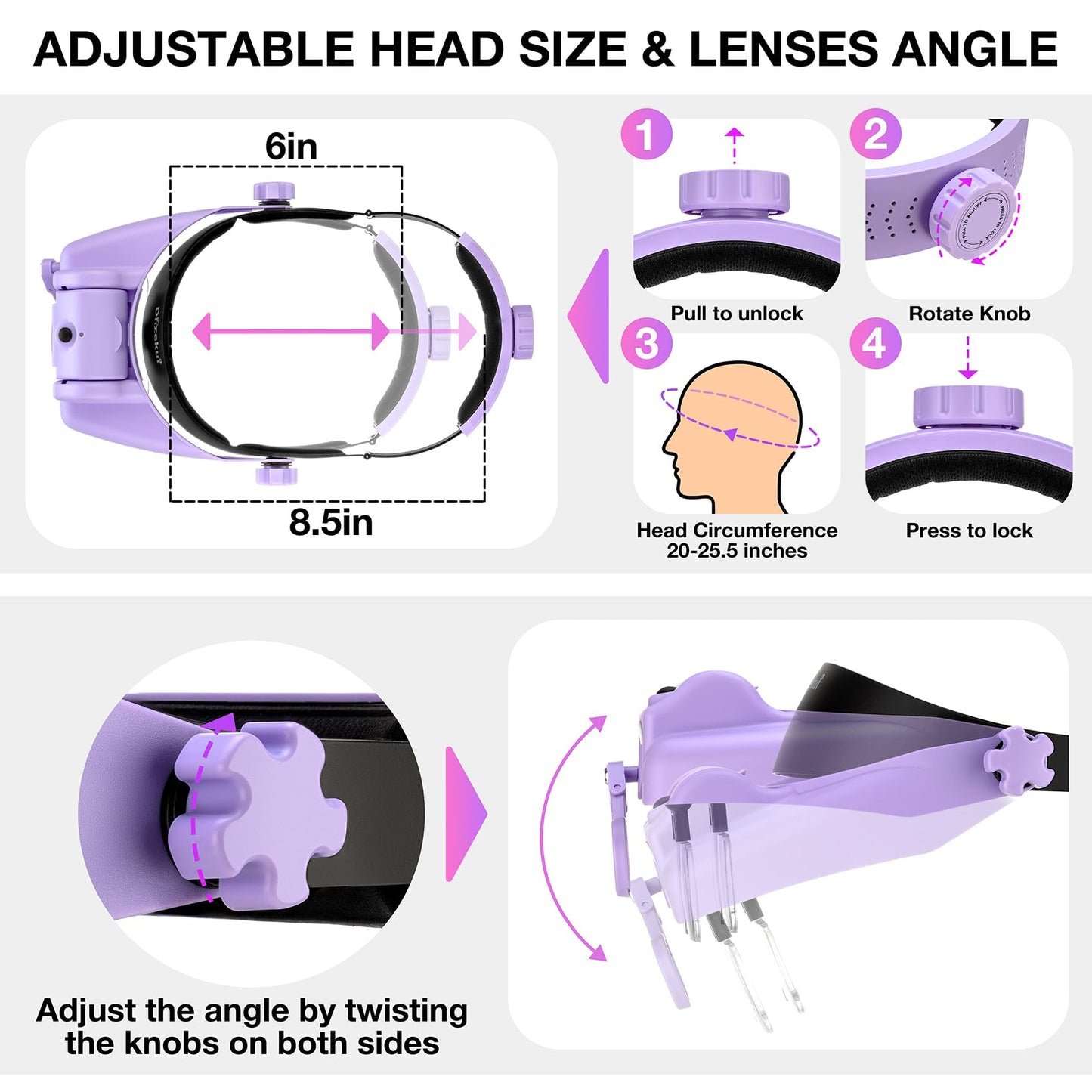 Dilzekui Magnifying Glass with Light, Magnifying Glasses for Close Work 1X-14X, Magnifier Headset with 2pcs Detachable Lights,Upgraded USB C Charge Built-in 500mAh Suit for Crafts Hobbies Cross Stitch