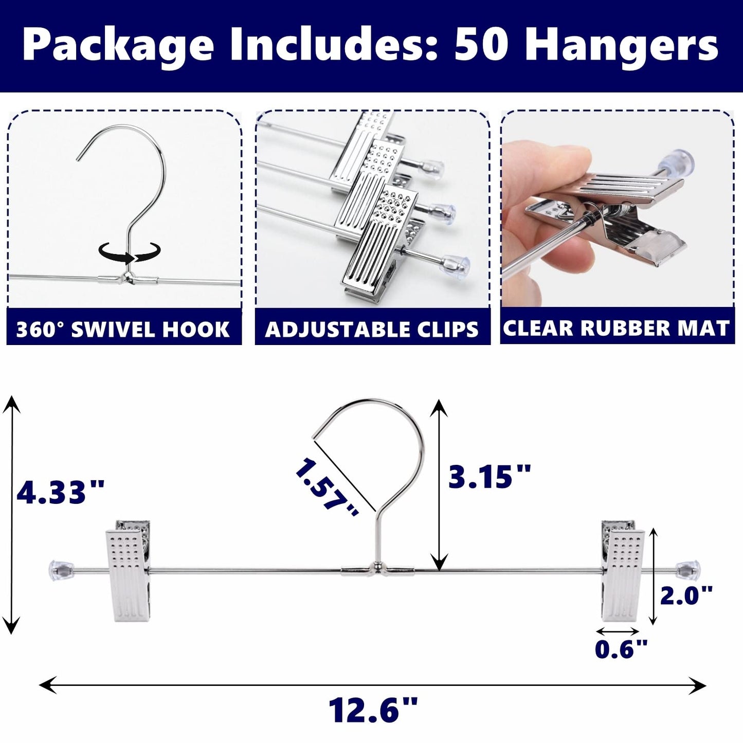 Amber Home 50 Pack Metal Pants Hangers with Clips, Heavy Duty Metal Skirt Hangers with 2-Adjustable Clips, Bottom Hangers for Shorts, Jeans, Trousers (50)