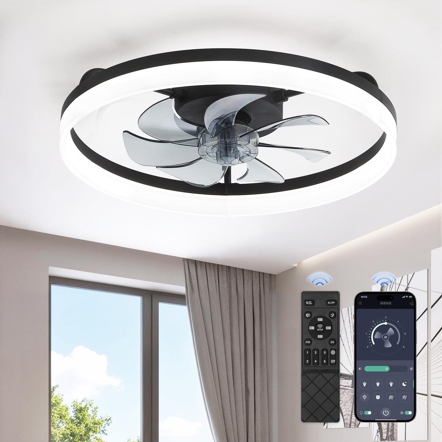 LEDIARY Ceiling Fans with Lights, 20 inch Low Profile Flush Mount Ceiling Fan, Dimmable LED, APP & Remote Control, Quiet Reversible DC Motor, 6 Speeds, Fandelier for Bedroom, Black