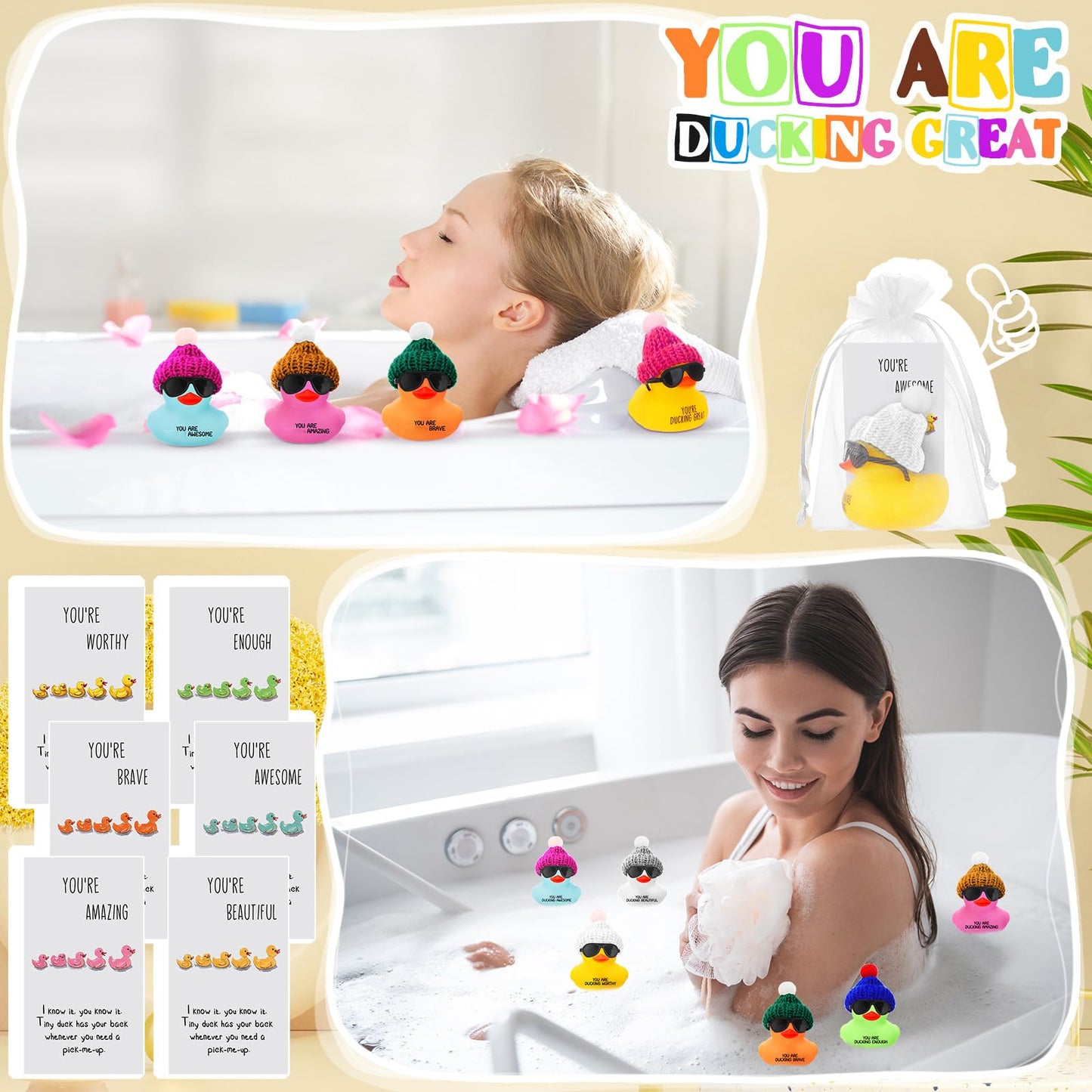 Liliful 96 Set Employee Appreciation Gift Bulk for Coworker Inspirational Mini Rubber Ducks with Glasses You are Awesome Sign You're Kind Cheer up Card Thank You Gift for Staff Team Teacher Women