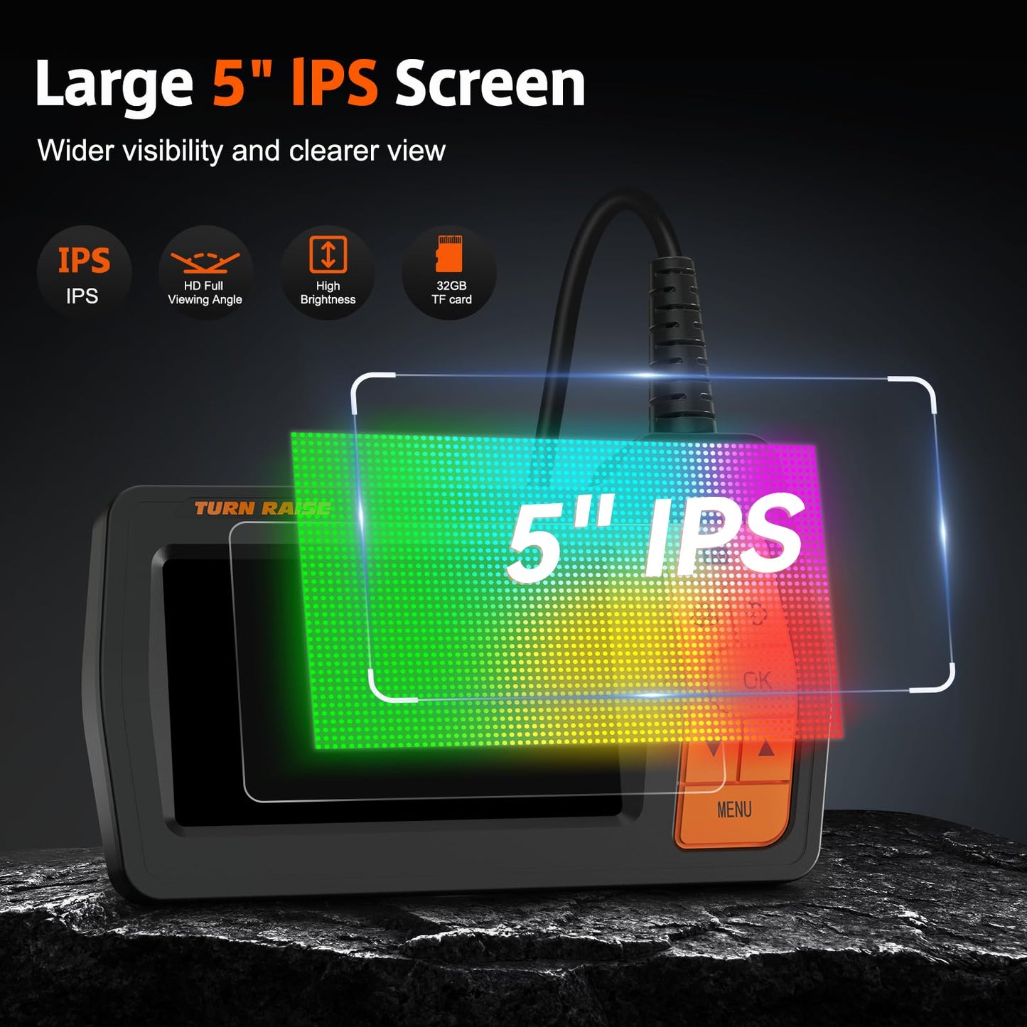 Triple Lens Inspection Drain Camera, 5" IPS Split Screen Borescope with Light & 32GB Card, 1080P HD Sewer Camera 16.5FT Semi-Rigid Cable, IP67 Plumbing Snake Endoscope Probe for HVAC + Case