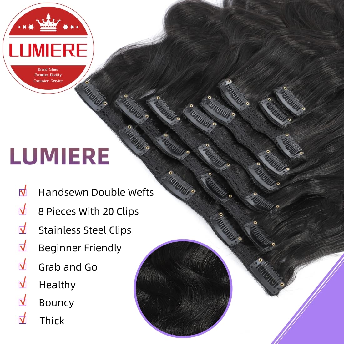 LUMIERE Clip In Hair Extensions Real Human Hair - Body Wave Hair Extensions Clip Ins 120g Grade10A Brazilian Remy Hair Seamless Clip Ins 8Pcs With 20Clips Double Wefts Thick and Soft 16 Inch