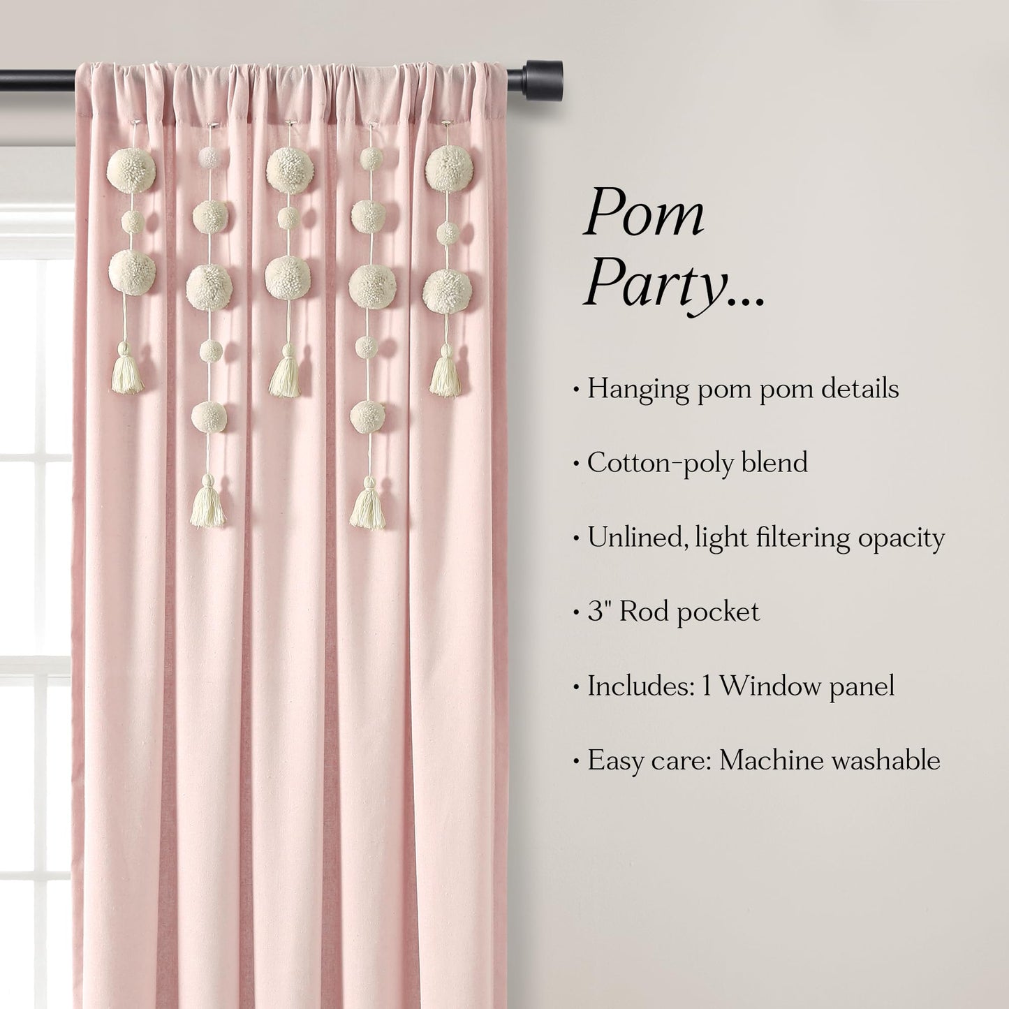 Lush Decor Boho Pom Pom Tassel Linen Textured Window Curtain Panel, Single 52" W x 84" L Blush -