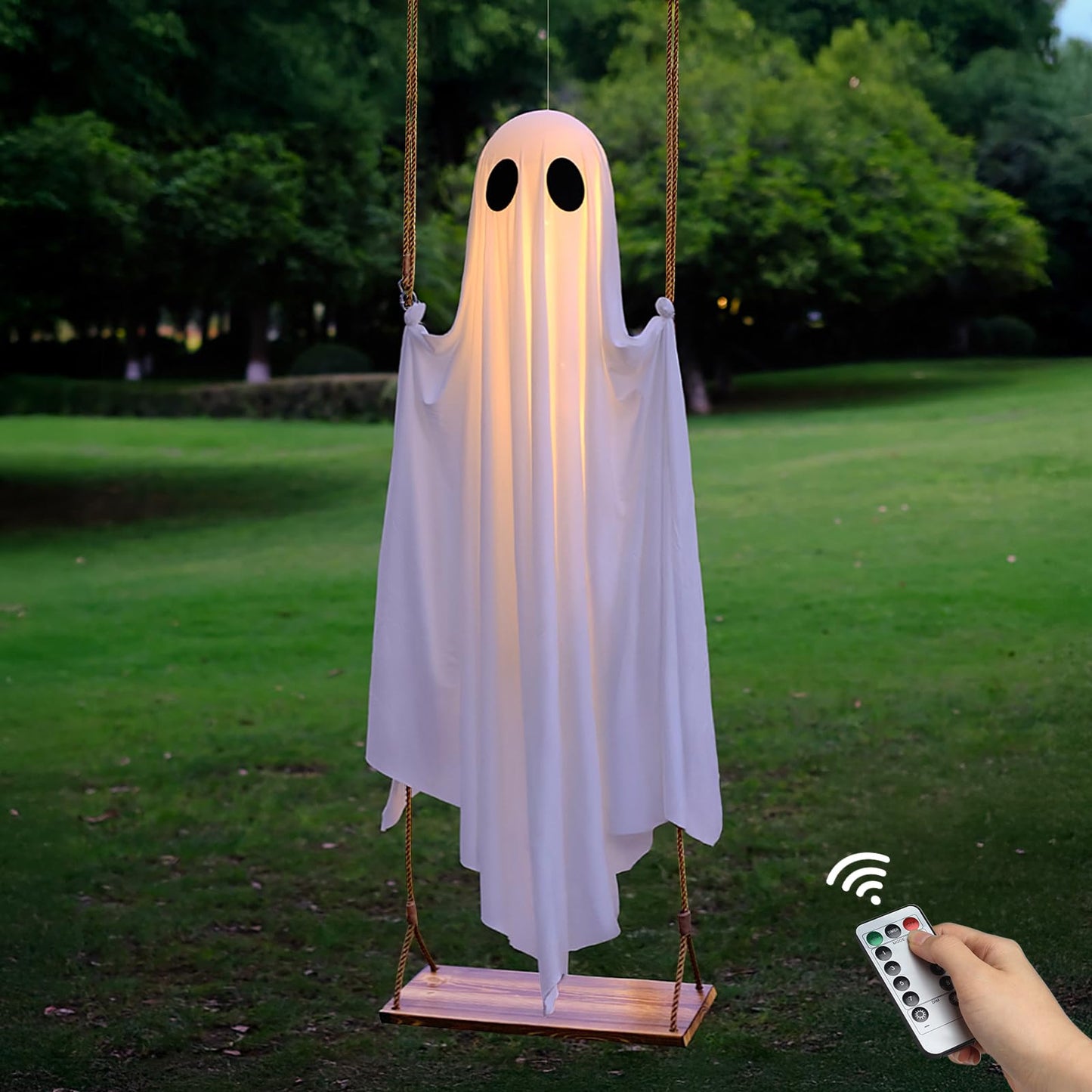 HKBAYI Halloween Decorations Outdoor - 5FT Large Hanging Ghost Swing with Remote Control String Lights & Upgraded Sheet, Scary Ghost Halloween Party Decor Outside for Tree Porch Yard Garden Lawn