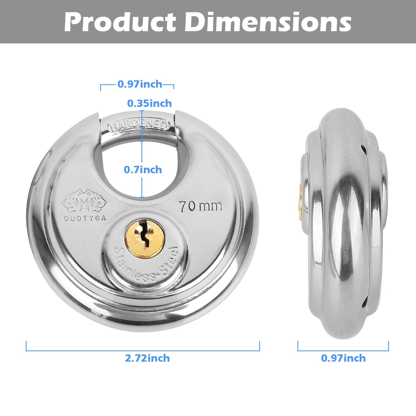 DuoTyga Discus Keyed Alike Padlock, 2-3/4 Inch Wide, Heavy Duty Stainless Steel Outdoor Disc Lock with Key for Storage Unit, Garages, Fence and Sheds, 10 Pack
