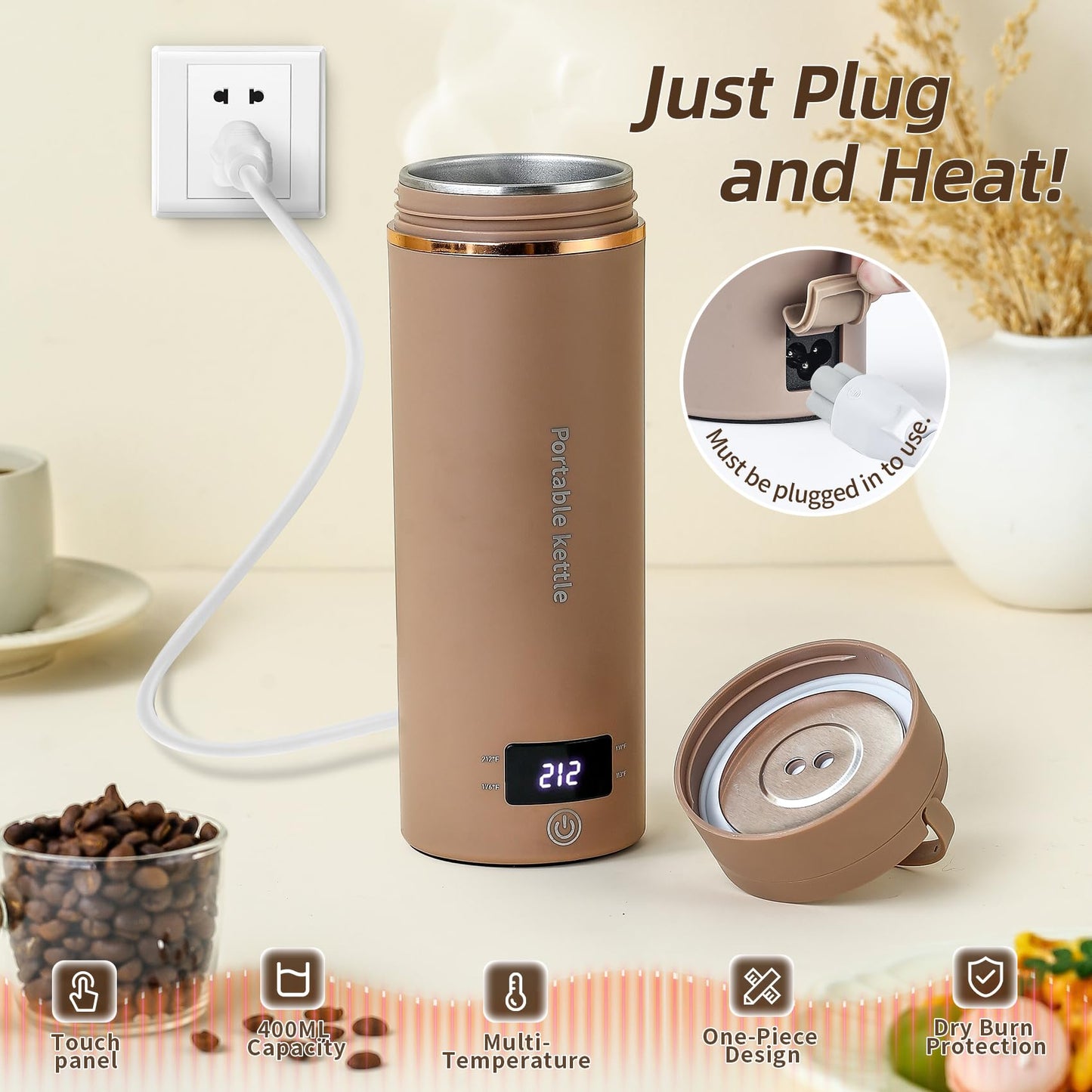 Travel Electric Kettle Portable Mini Kettle,Small Hot Water Boiler with 4 Temperature Settings,304 Stainless Steel, Fast Boiling Water with Auto Shut-Off and Boil Dry Protection,400 ml (Brown, 400ML)