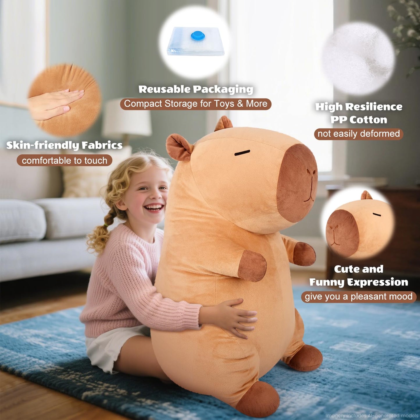 SuzziPals Giant Capybara Plush 30", Jumbo Soft Capybara Stuffed Animal, Giant Plush Toys Hugging Plush for Stress Relief & Cozy at Night, Huge Cuddly Capibara Plushie Gift for Kids Adults
