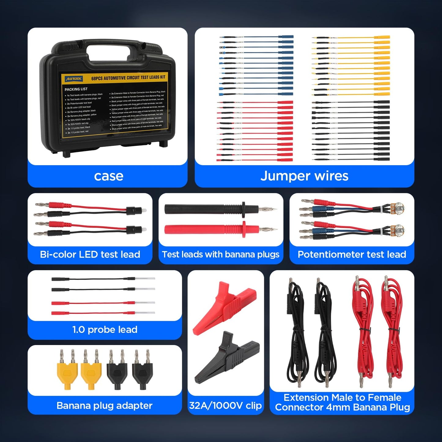 AUTOOL 68PCS Multimeter Test Leads Kit, Test Leads with Replaceable Wire Piercing Probes, 32A/1000V Alligator Clips, Banana Plug Adapters, Jumpers, Extension Male to Female Connector 4mm Banana Plug