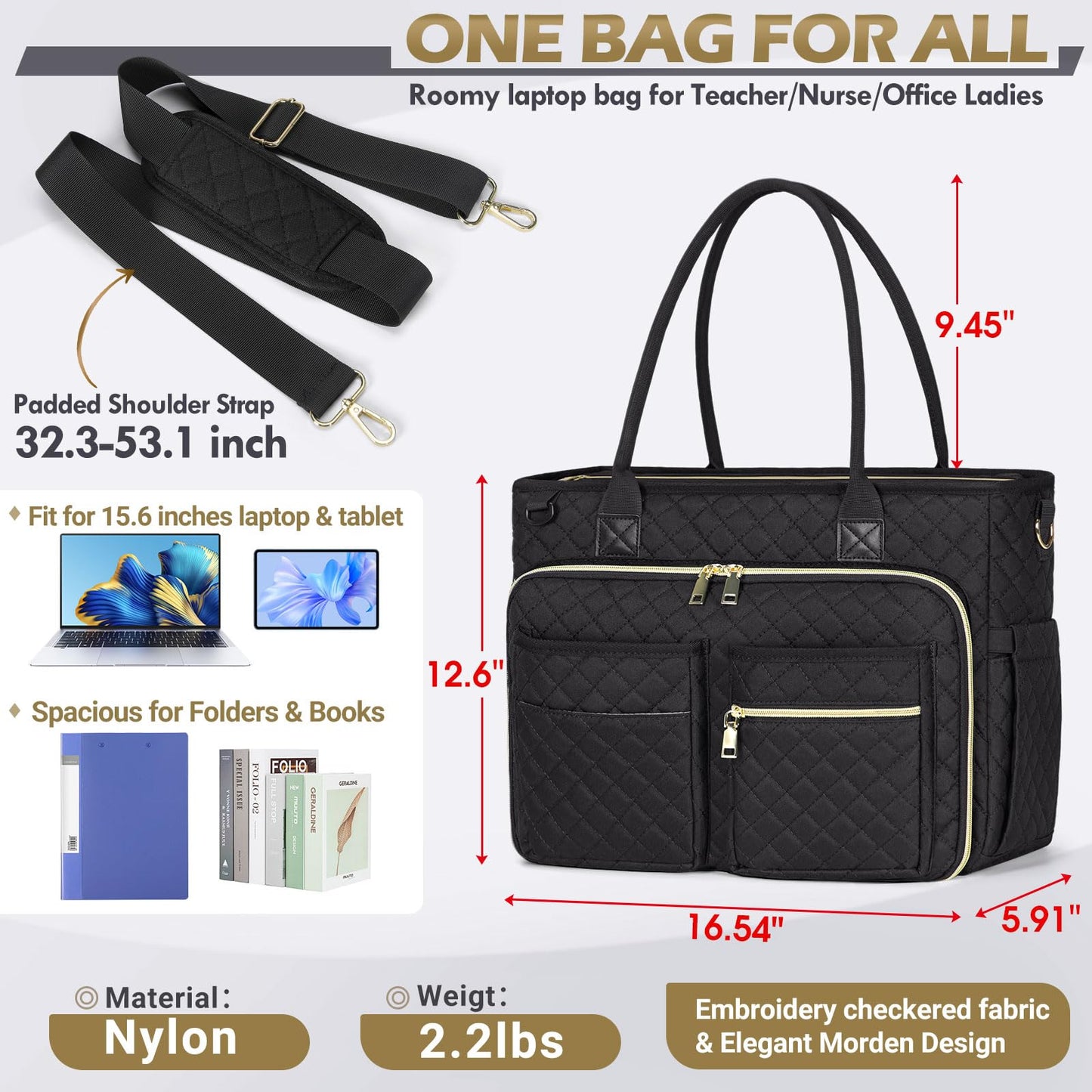 RAINSMORE Teacher Tote Bag 15.6 inch Laptop Bag for Women Work Bag Laptop Tote Nurse Bag Professional Computer Messenger Bag with Insulated Pocket, Laptop Briefcase for Office, College, Nursing, Black