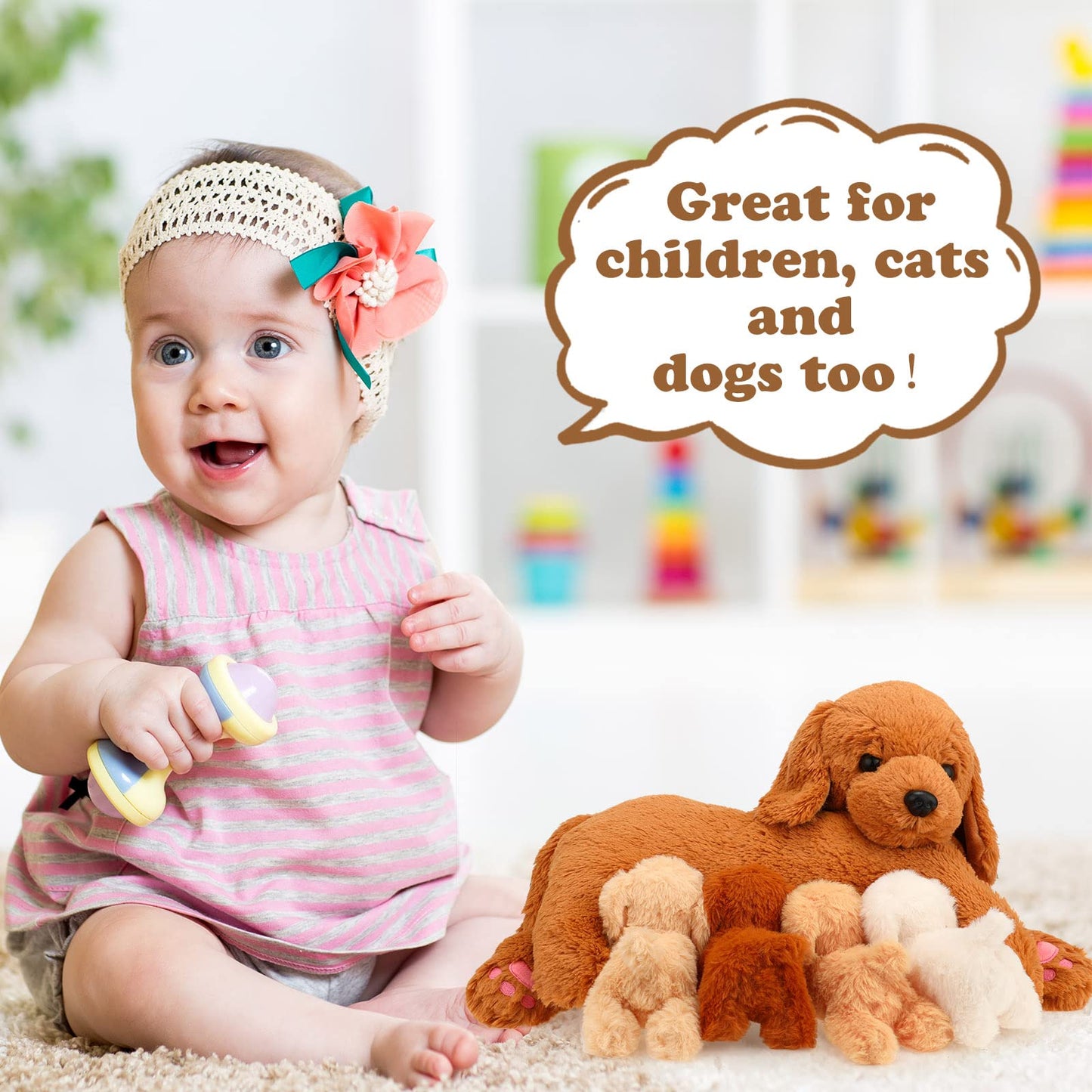 Nurturing Dog Stuffed Animal with Puppies, Soft Cuddly Golden Retriever Plush Toys for Girls Boys Plushy Nursing Mommy Dog with 4 Stuffed Baby Puppies for Birthday Party Favor Gifts (Golden Retriever)