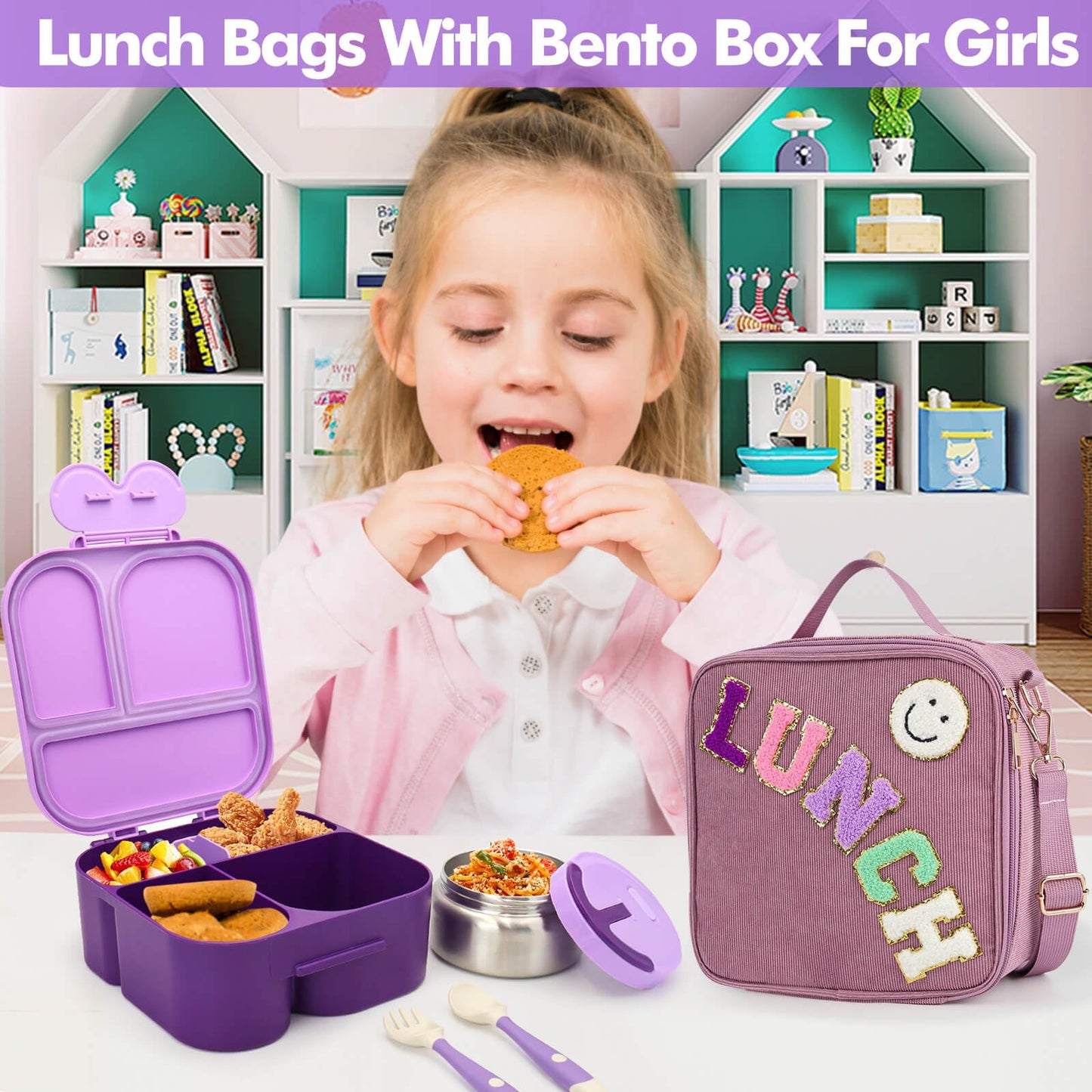 Lunch Box with Bento Box with 4 Compartment, with Leak Proof Thermo Food Jar, Preppy Corduroy Insulated Lunch Bag for Womens Girl Kids Teens School Travel Picnic (Purple)