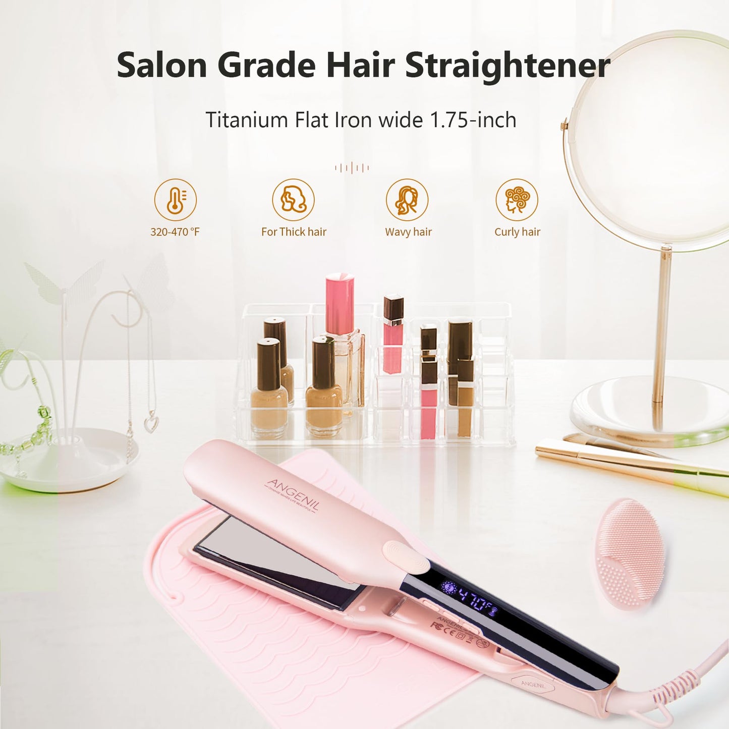ANGENIL Pro Titanium Flat Iron Hair Straightener 1.75" Wide, Salon Grade Dual Voltage Straightening and Curler 2-in-1 with Heat Resistant Silicone Mat, Adjustable Temp 240°F-470°F, 15s Fast Heating
