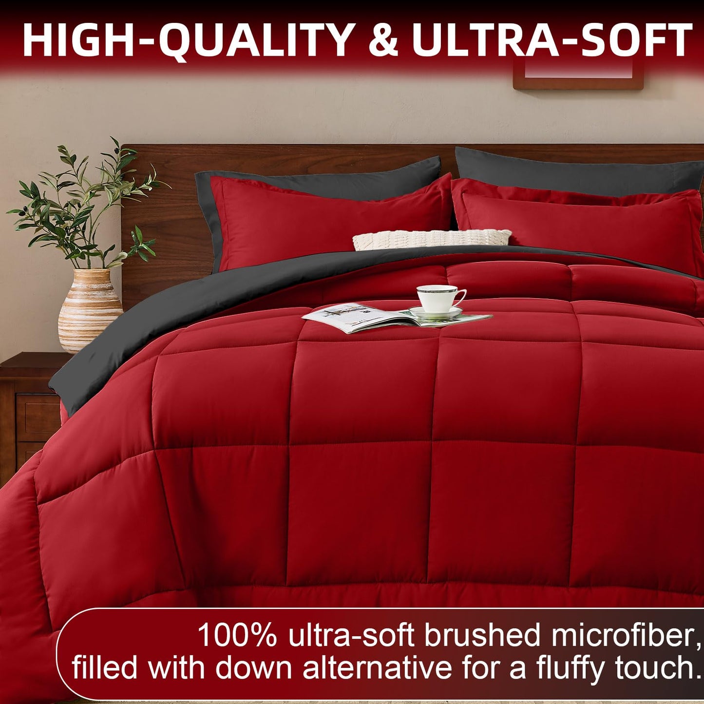 FUANNA King Size Comforter Set 7 Pieces, Reversible Bedding Sets with All Season Premium Comforter, Bed in a Bag King Includes Comforter, Flat Sheet, Fitted Sheet, Pillowcases & Shams, Red & Black