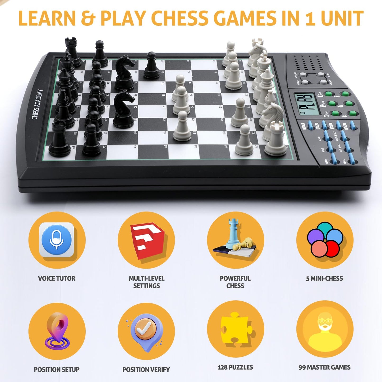LEVEROAM Talking Chess Academy with Voice Teaching System, Electronic Chess Set with Strong Magnetic Pieces, Electronic Chess Board with Rating ELO 2000, Smart Chess Board Great for Brain Training