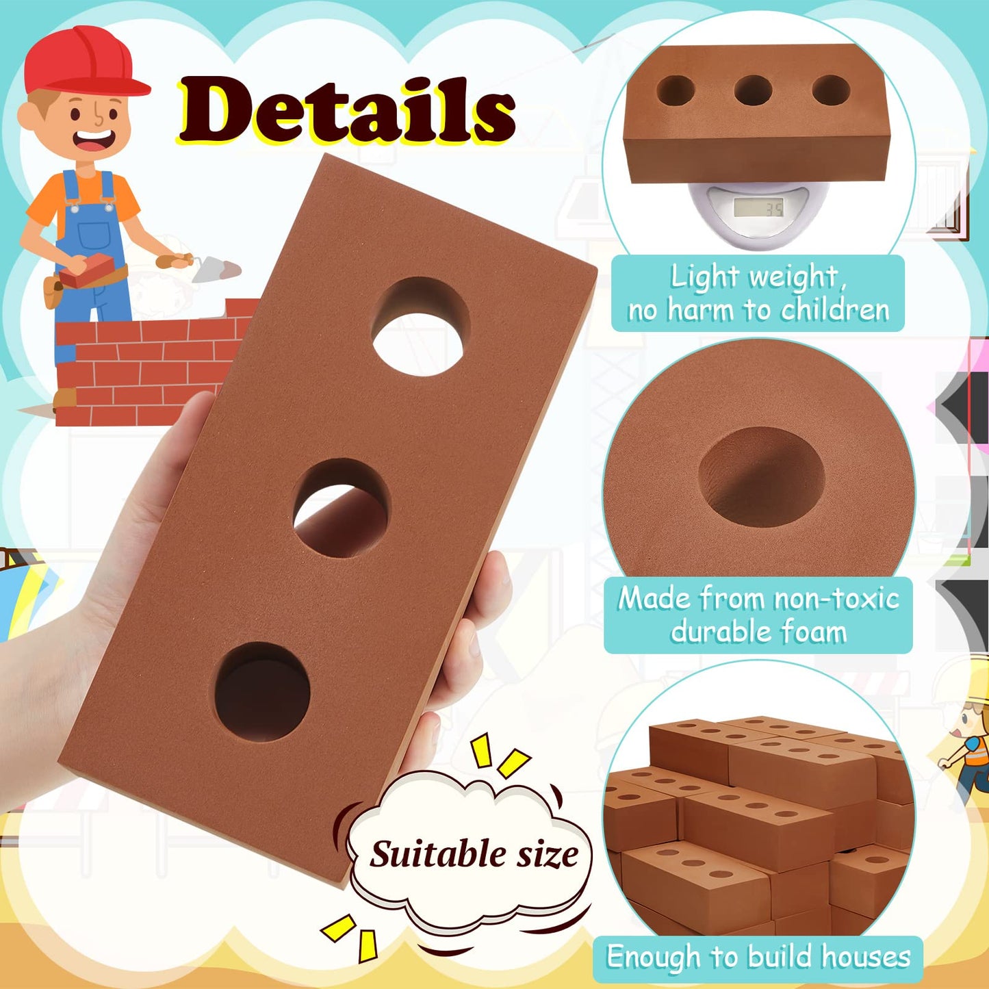 Deekin 30 Pcs Foam Brick Building Blocks for Kids Thick Blocks Foam Large Fake Brick Construction Toy for Stacking Construction, 8 x 4 x 2.4 in(Circle Holes)