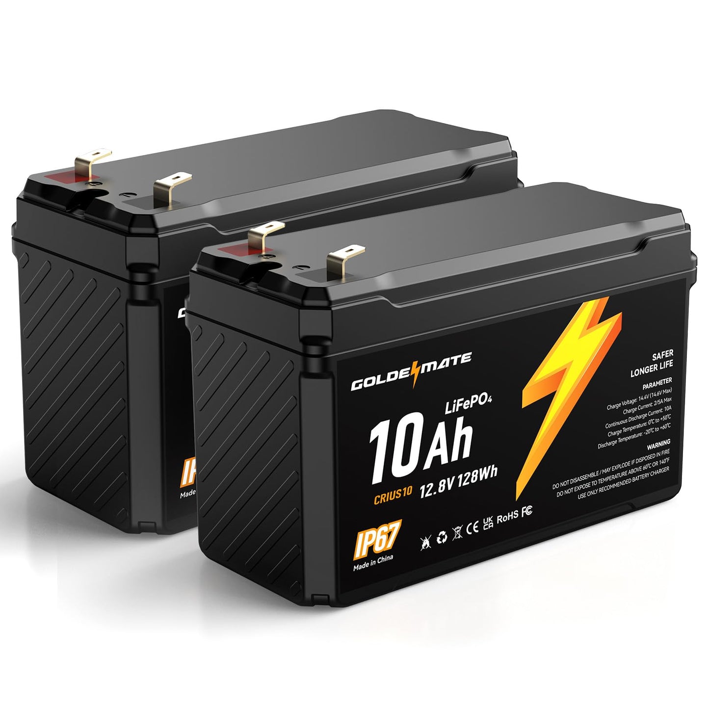 GOLDENMATE 12V 10Ah LiFePO4 Lithium Battery(2 Packs), 5000+ Deep Cycles, IP67 Waterproof Lithium Iron Phosphate Battery, Built-in BMS, Ideal for Power Wheels, Solar, Marine, Fish Finder, Ride-on Toy