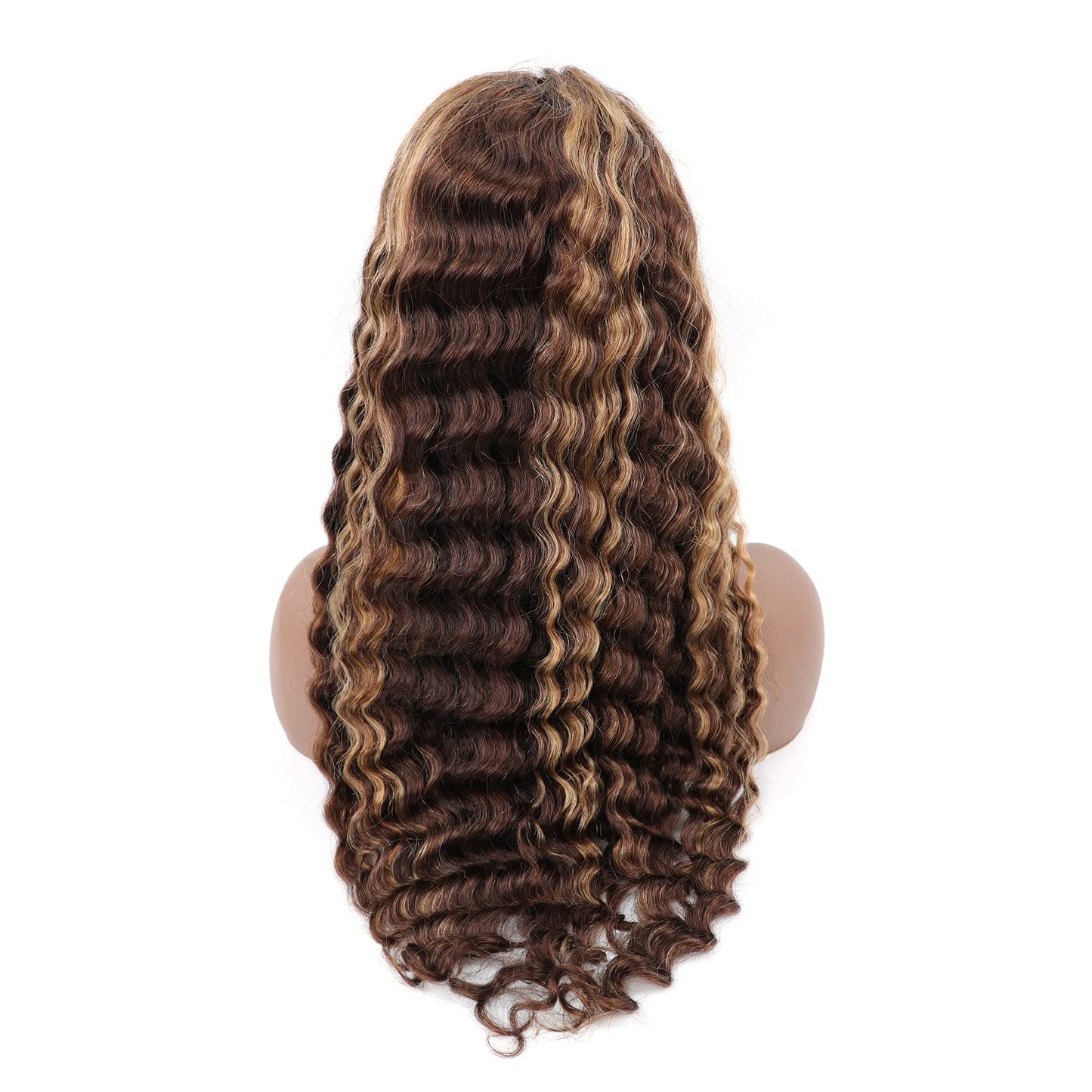 BLY Highlight Human Hair Lace Front Wigs Deep Wave #4/27 Ombre Colored Glueless Wigs Pre Plucked 16 Inch 4x4 Transparent Curly Water Wave Lace Wig Honey Blonde Real Human Hair 180% Density