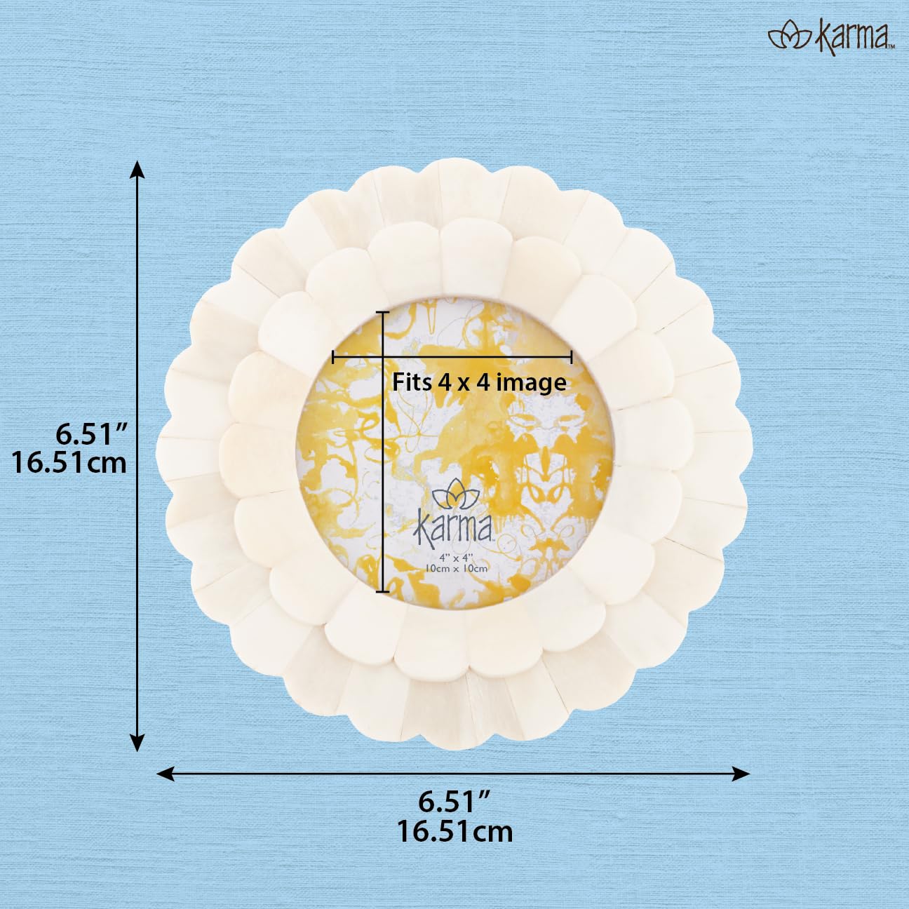 Karma, Natural Bone Picture Frame Round, 4x4 Photo Frame for Tabletop Desktop Display, Cream Floral