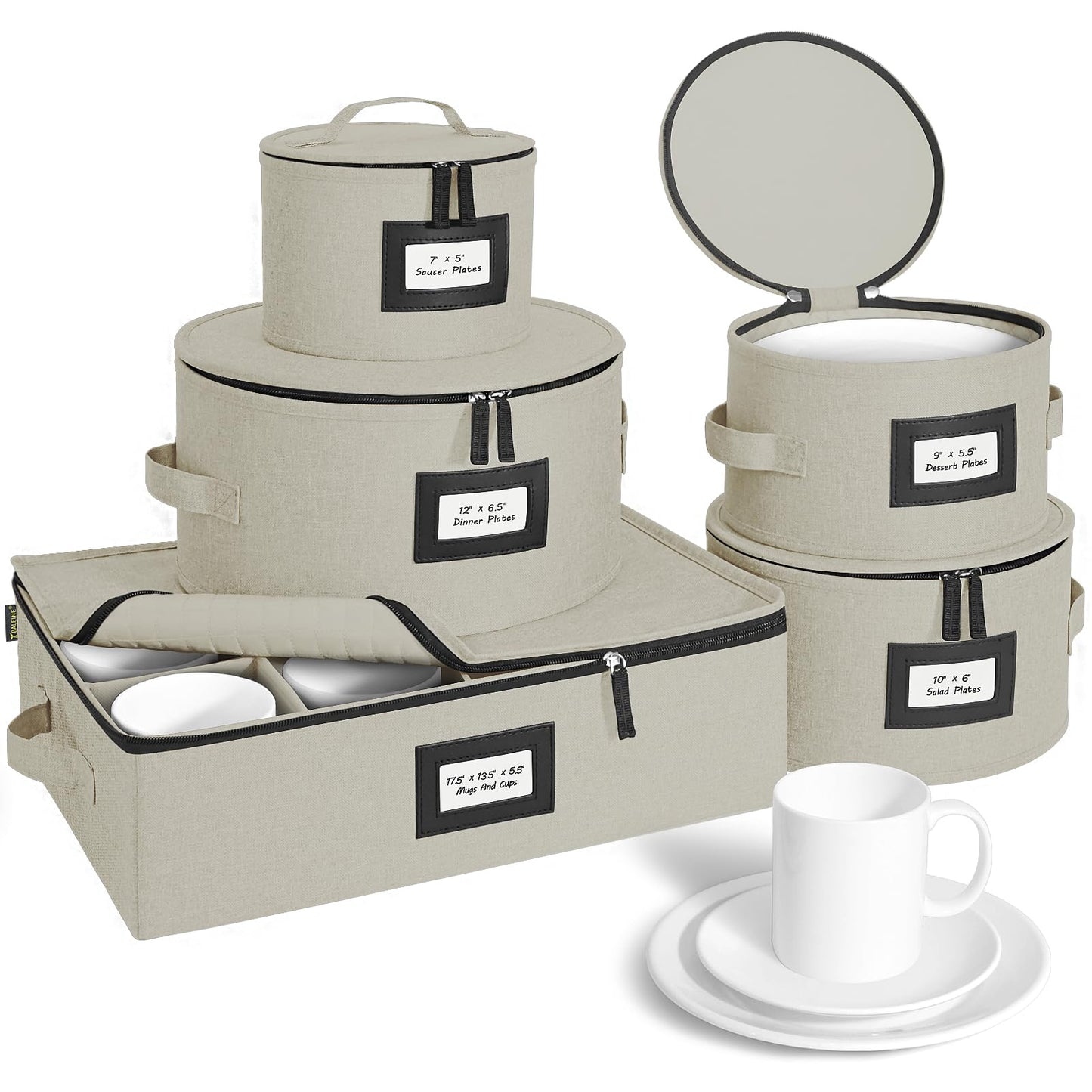 BALEINE China Storage Containers, Sturdy Quilted Wine Glass Storage, Plate Organizer with Carry Handles, Moving Boxes for Dishes, Cups, Mugs and Stemware (Plate Mug Combo, Hard Shell Cream)
