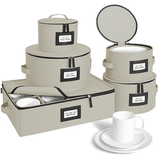 BALEINE China Storage Containers, Sturdy Quilted Wine Glass Storage, Plate Organizer with Carry Handles, Moving Boxes for Dishes, Cups, Mugs and Stemware (Plate Mug Combo, Hard Shell Cream)