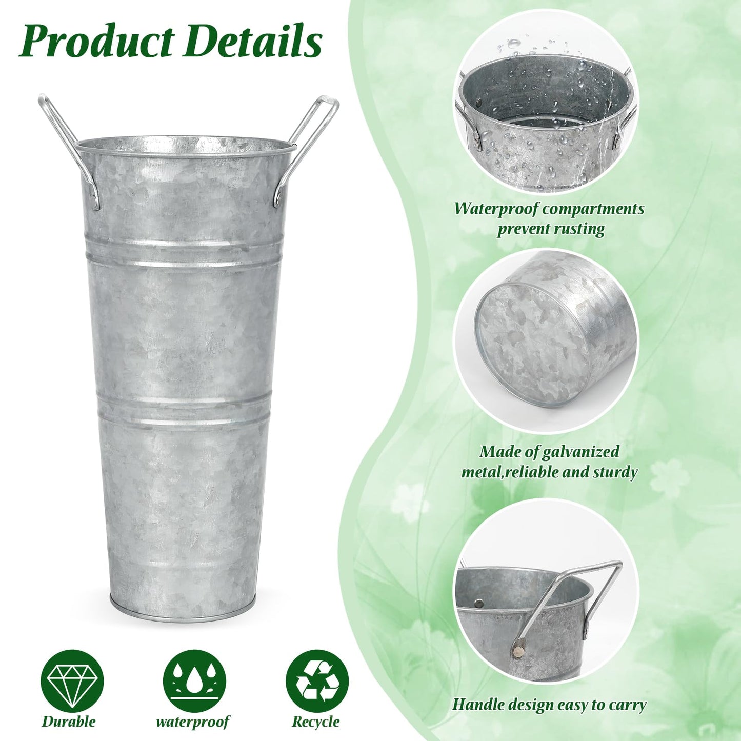 6pcs 9inch-Galvanized Metal Vases Farmhouse French Flowers Bucket Vase with Handles Rustic Tin Flower Holder for Cut Plants Housewarming Gift for Balcony Garden Courtyard