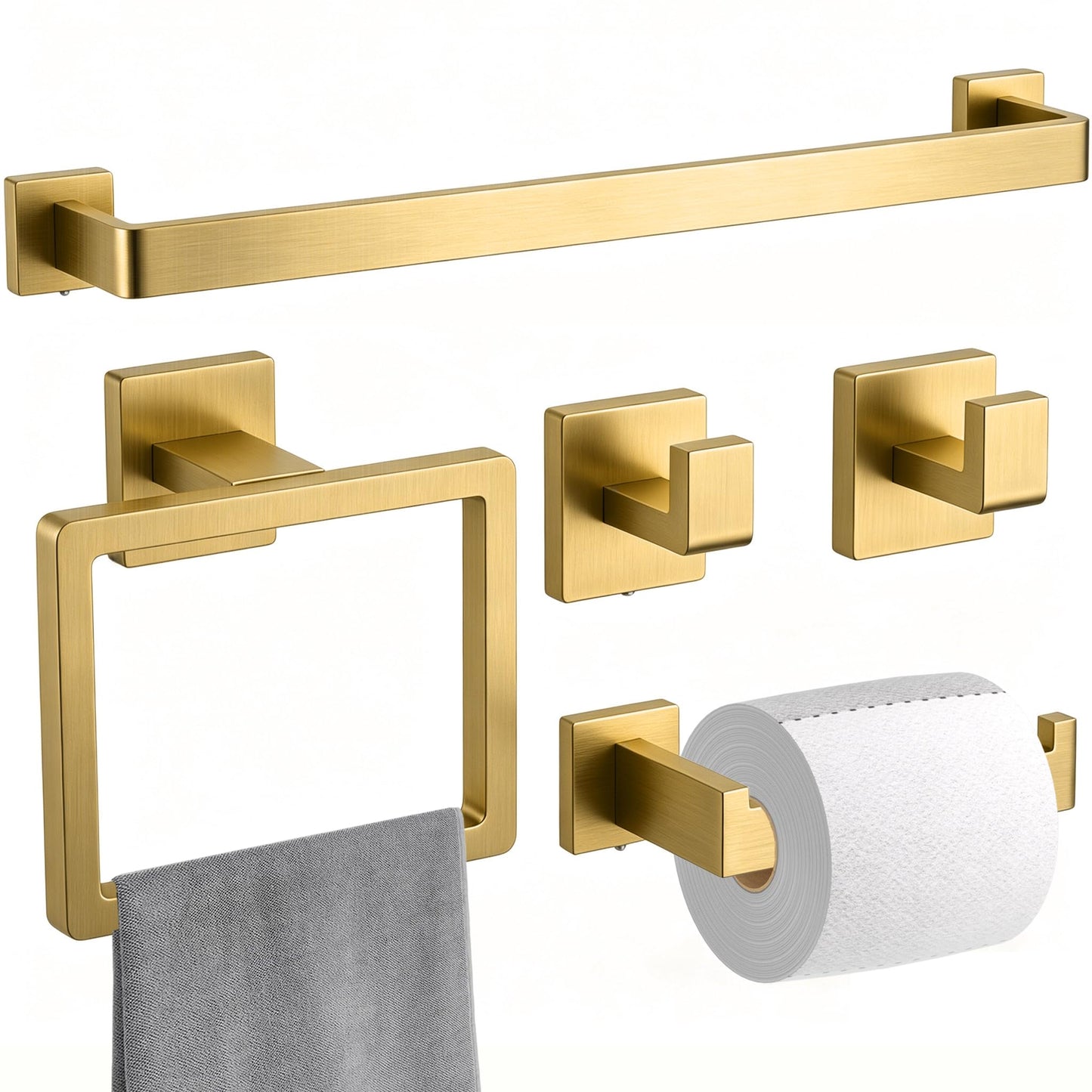 KOSEOO 5-Pieces Brushed Gold Bathroom Hardware Set, SUS 304 Stainless Steel 24.48 Inch Square Towel Bar Set with Towel Ring Robe Towel Hooks and Paper Towel Holder for Bathroom Wall Mounted