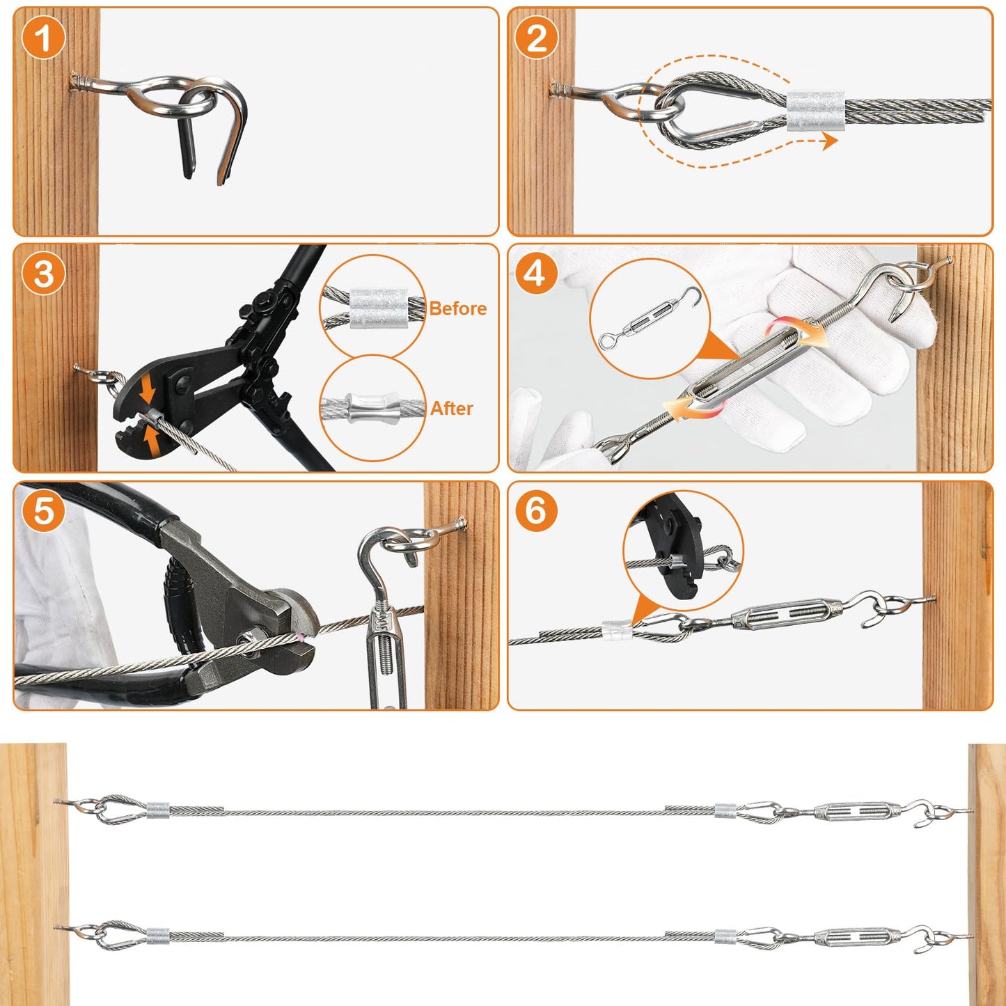 TooTaci 1/8" Stainless Steel Cable Wire Rope, 200ft Vinyl Coated Steel Cable with Wire Rope Crimping Tool & Cutter, Turnbuckles for Cables Wires, Hanging Clothes, String Lights Hanging