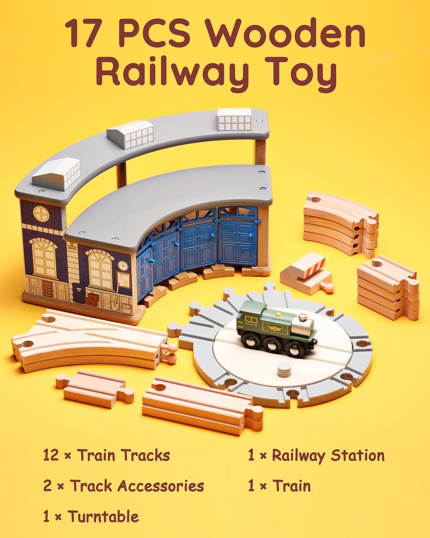 SainSmart Jr. Wooden Train Track with Roundhouse - Railway Toy for Toddlers, Double-Side Tracks Compatible with with All Major Brands - Wood Toy Train for Aged 3+