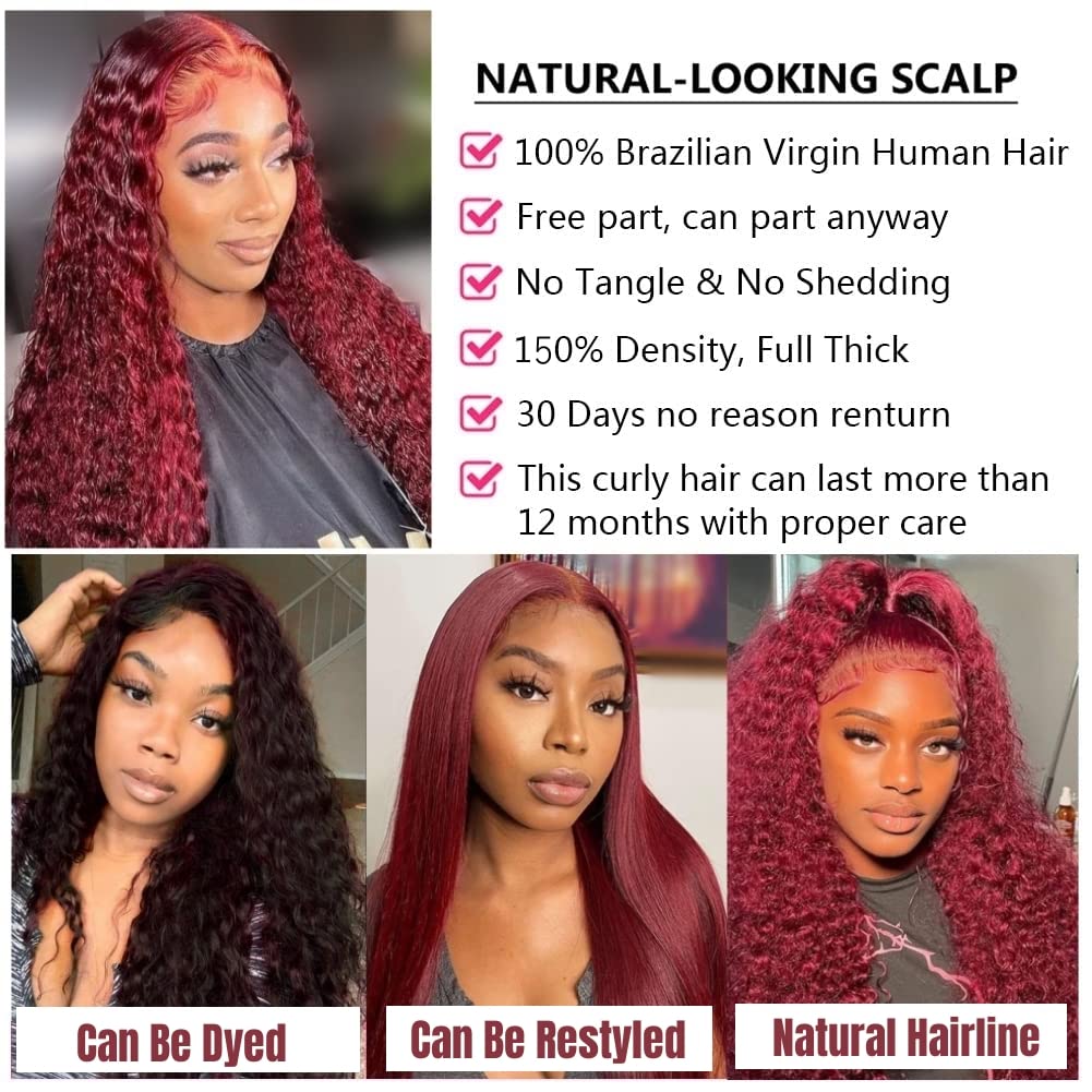 Jasperel Burgundy Deep Wave Lace Front Wigs Human Hair Glueless 22 Inch 99J 13x4 Hd Lace Frontal Wigs Human Hair for Black Women Wine Red Colored
