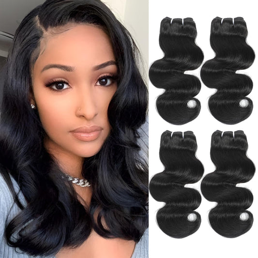 Body Wave Bundles Human Hair - 4 Bundles, 14/16 Inch, 100% Unprocessed Brazilian Virgin Hair Weave, Natural Black